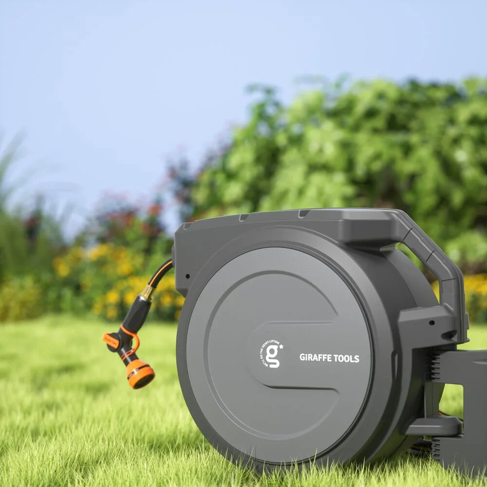 Giraffe Tools Retractable Garden Hose Reel with 1/2in-78ft Hose, Metal Bracket, Wall Mounted, Dark Grey