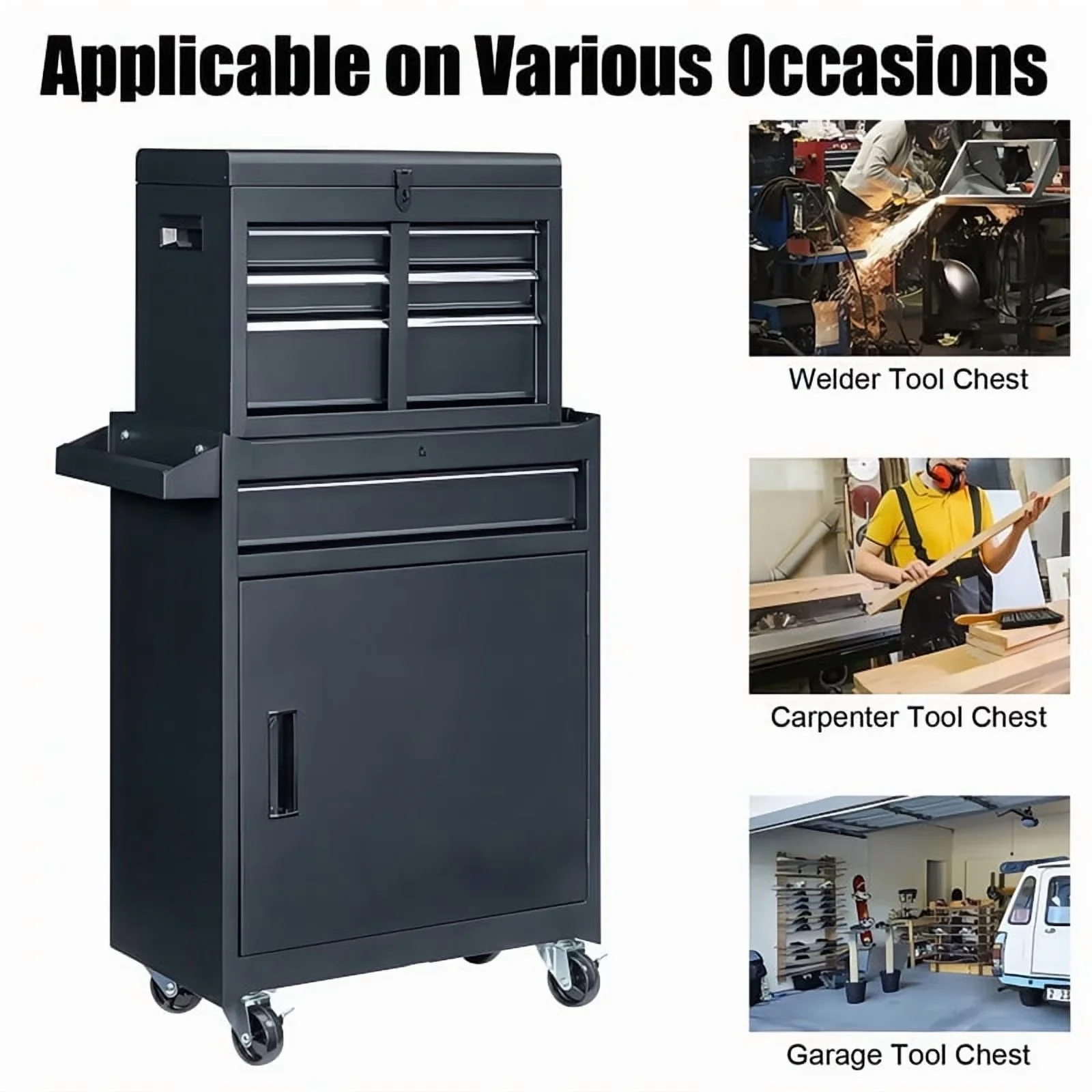 Gundir 4-Drawer Rolling Tool Chest with Lockable Wheels, 2 in 1 Storage Cabinet and Detachable Top Box for Garage Workshop Automotive Repair, Black