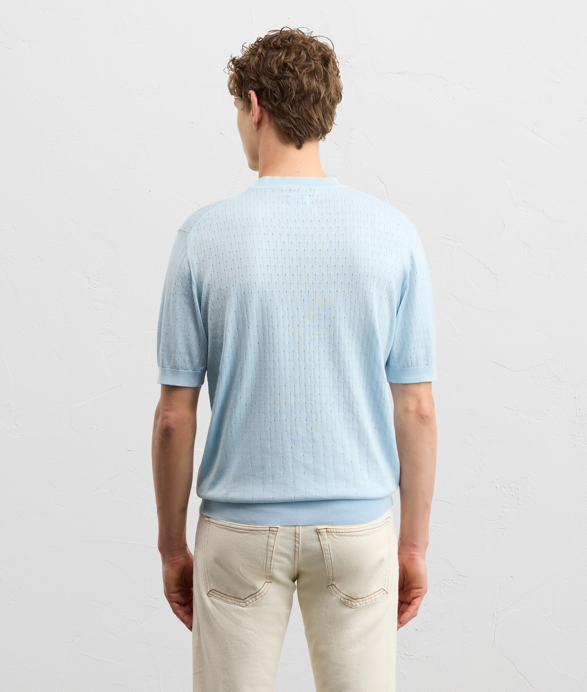 LIGHT BLUE COTTON KNIT T SHIRT WITH SHORT SLEEVES AND DEGRADE STITCHING
