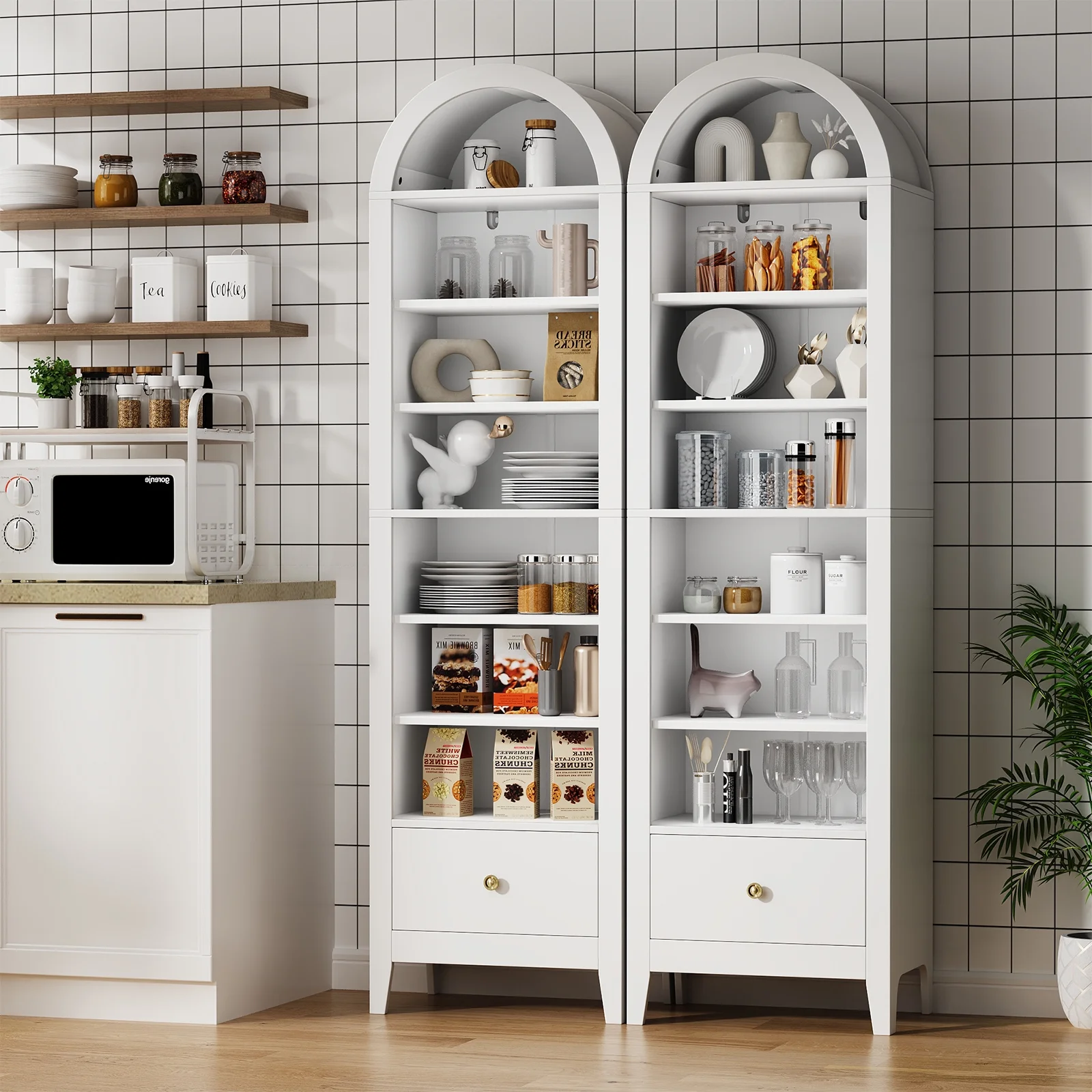Arched Cabinet, 71" Tall Kitchen Pantry Cabinet, 8 Tiers Arched storage Cabinet with Doors and Shelves, Bookcase for Entryway, Hallway, Living Room, White(White) - Image 8
