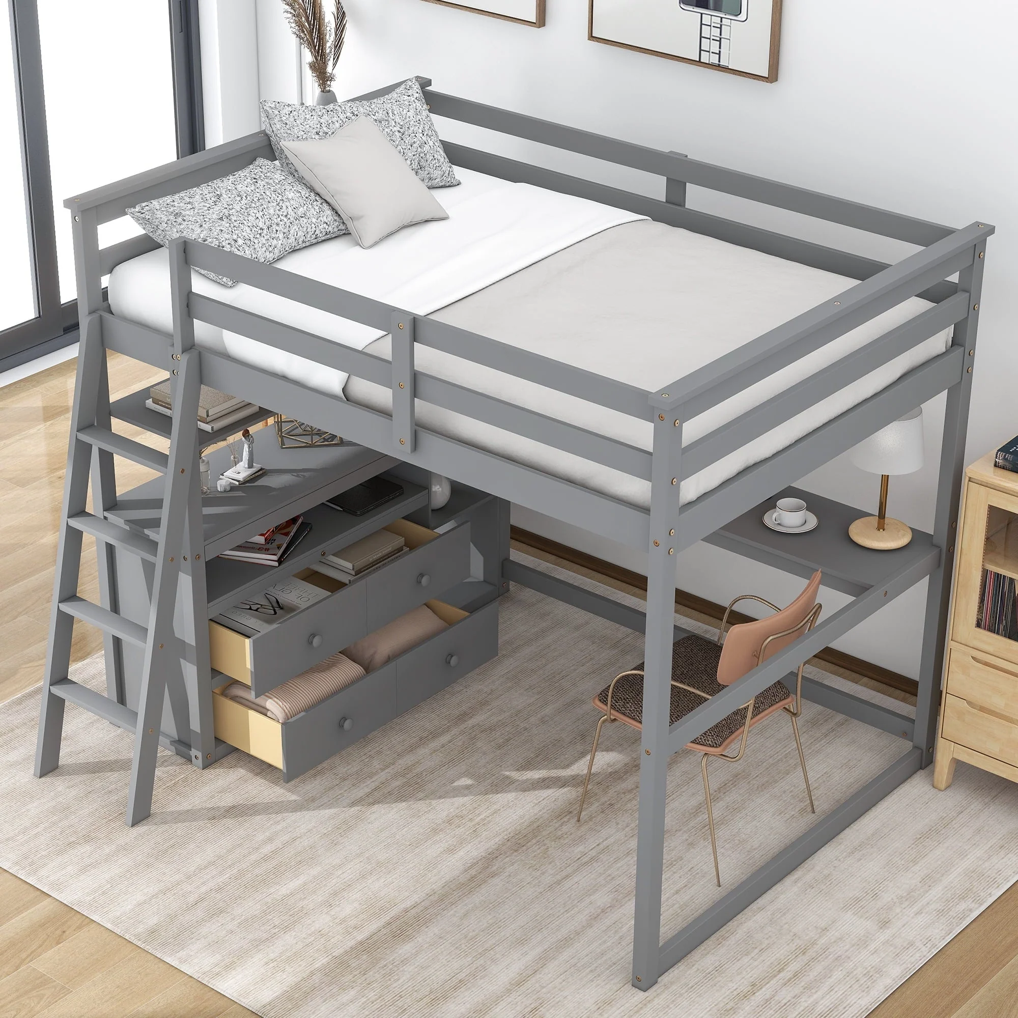 Euroco Full Size Wood Loft Bed with Desk, Shelves and Cabinets for Kids Room, Incline Ladder and 3 Drawers, Gray Image 2