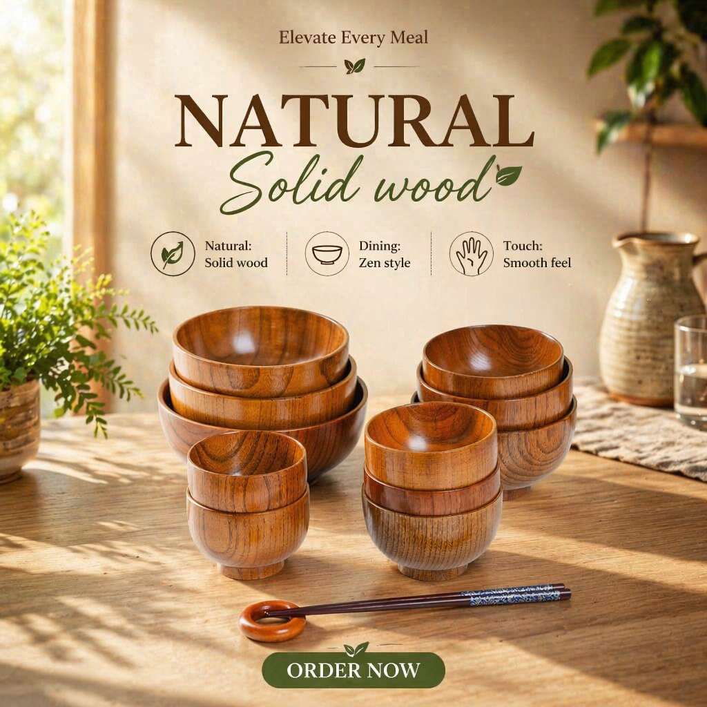 Durable Eco-Friendly Beech Wood Salad & Dessert Rice Bowls Multi-Size Serving Bowl Set for Restaurant & Home Use