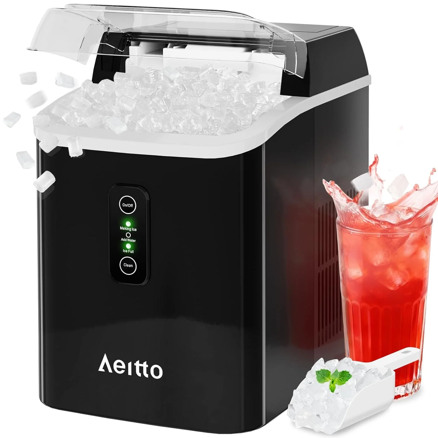 Machine à glaçons Aeitto Nugget, format comptoir, capacité 19 kg/24 h, réservoir d'eau de 1,5 L, production de glaçons en 6 min, autonettoyante, avec panier et pelle, idéale pour la maison, le bureau, le camping-car et les fêtes, couleur argent.