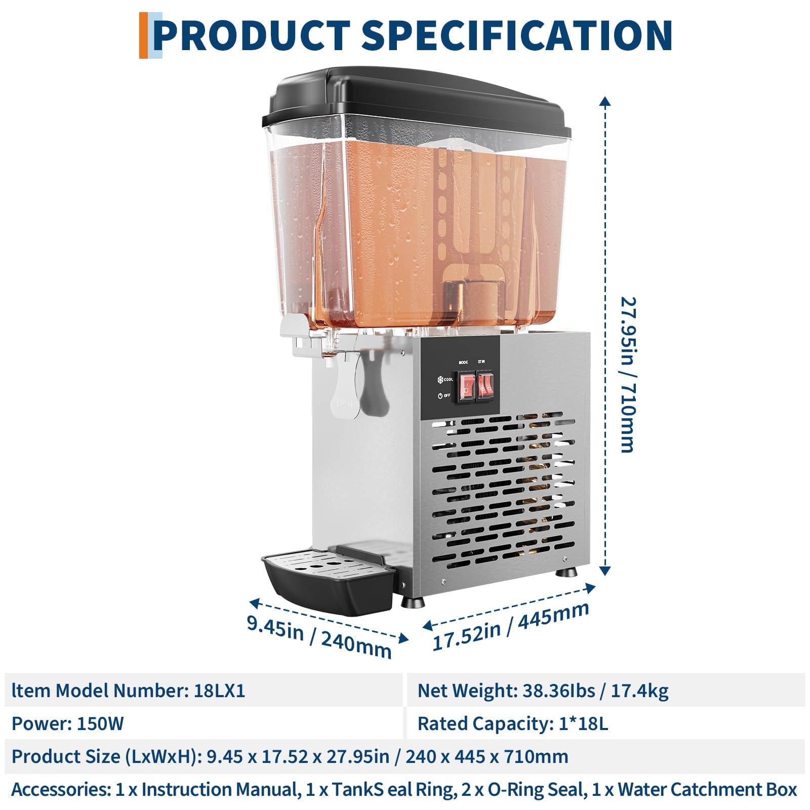 4.8 Gallon Commercial Beverage Dispenser, 1 Tank Cold Beverage Dispenser, 200W Food Grade Material Stainless Steel Commercial Juice Dispenser With Thermostat Controller for Cold Drink