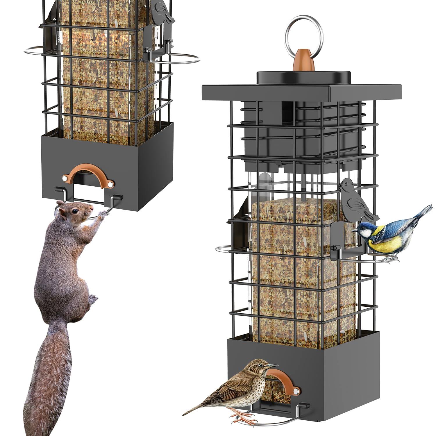Kruoo Metal Squirrel Proof Bird Feeder for Outdoors Hanging Gravity Protection Squirrel Proof Wild Bird Feeders for Outside, 2.5 lb Capacity, Black