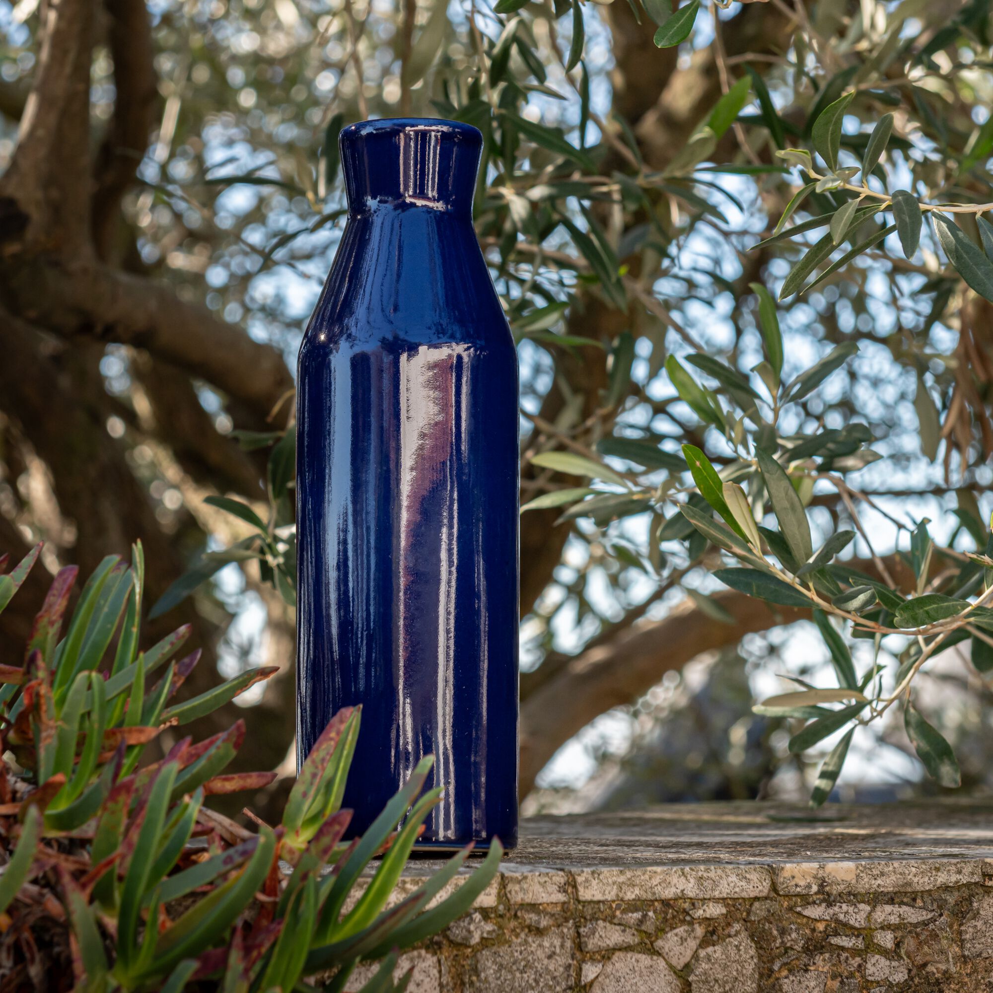 BARSAC - Vase bouteille en faïence H28cm - bleu