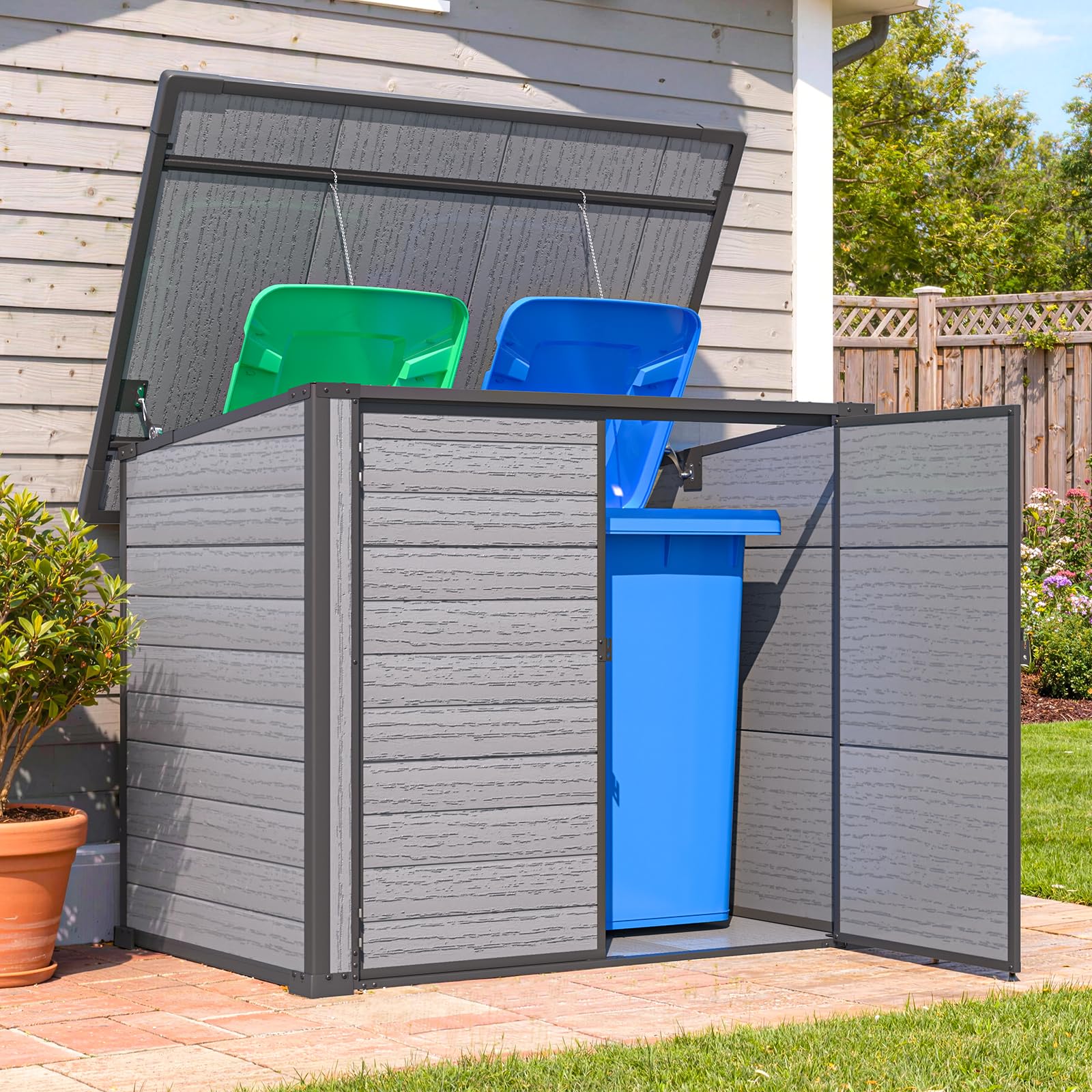 AECOJOY Resin Outdoor Trash Can Storage Shed, Plastic Garbage Can Shed for 2 Cans