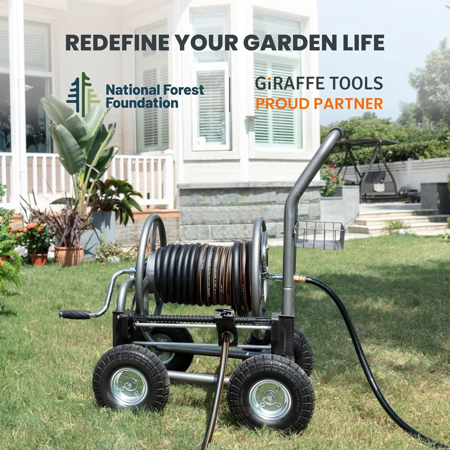 Heavy Duty Industrial Garden Hose Reel Cart with Wheels, 5/8in-250ft Hose Capacity - Image 5