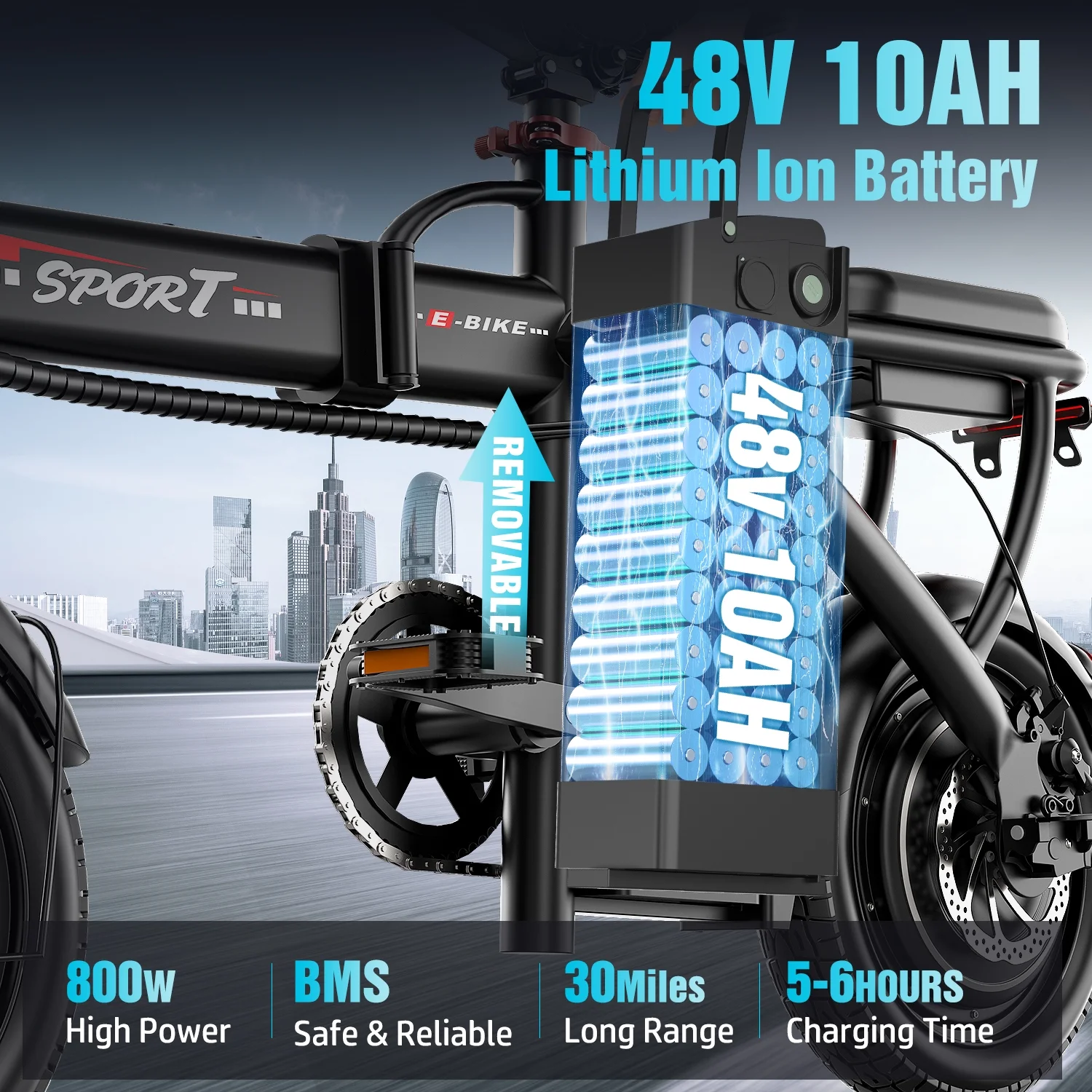 Z6 14" Electric Bike 1200W Motor, 48V/10AH E-Mountain Bike,Folding Electric Bicycle for Adult with Two Seats UL2849,Unisex,Pedal-Assist - Image 5