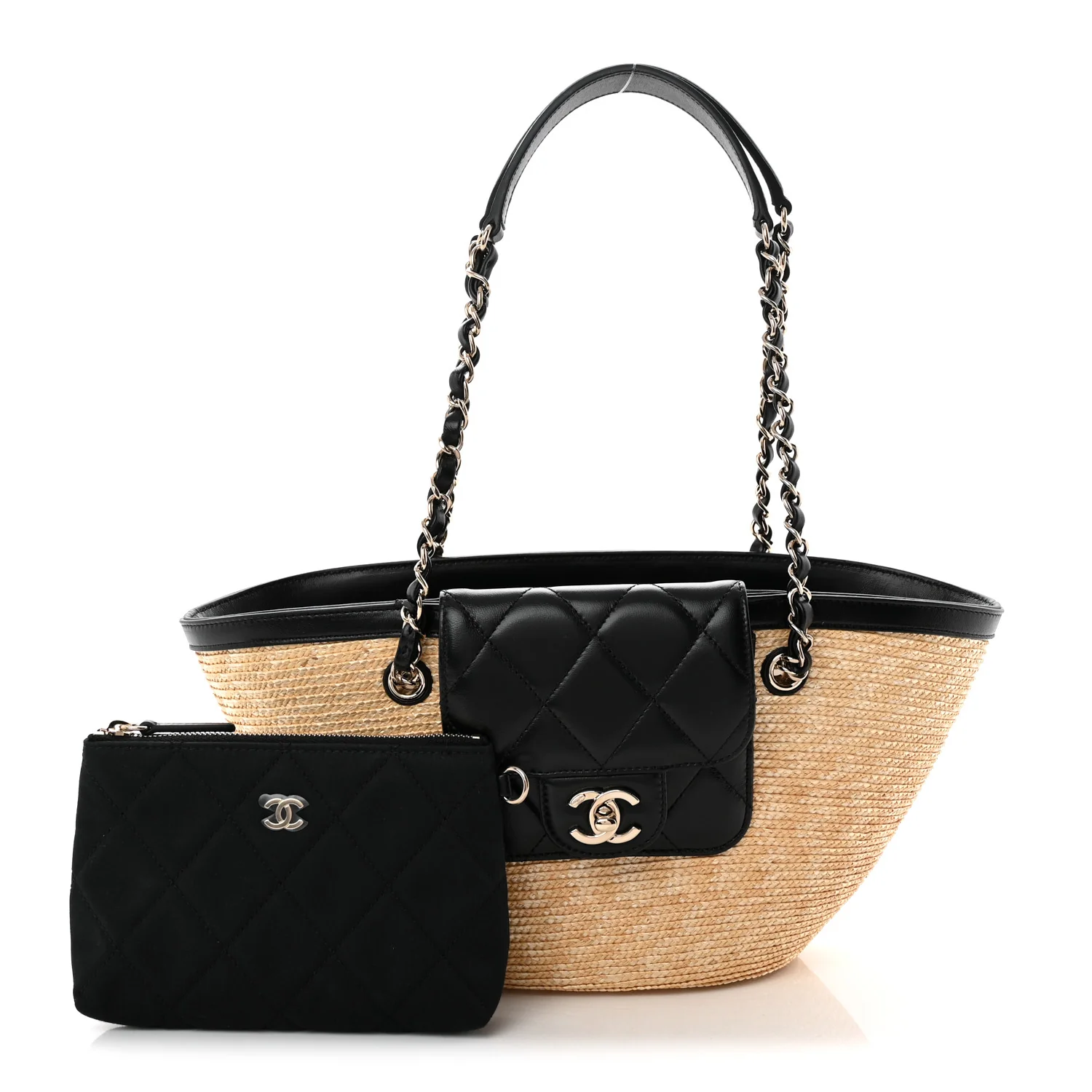 Raffia Braided Lambskin Small Shopping Tote Beige Black
