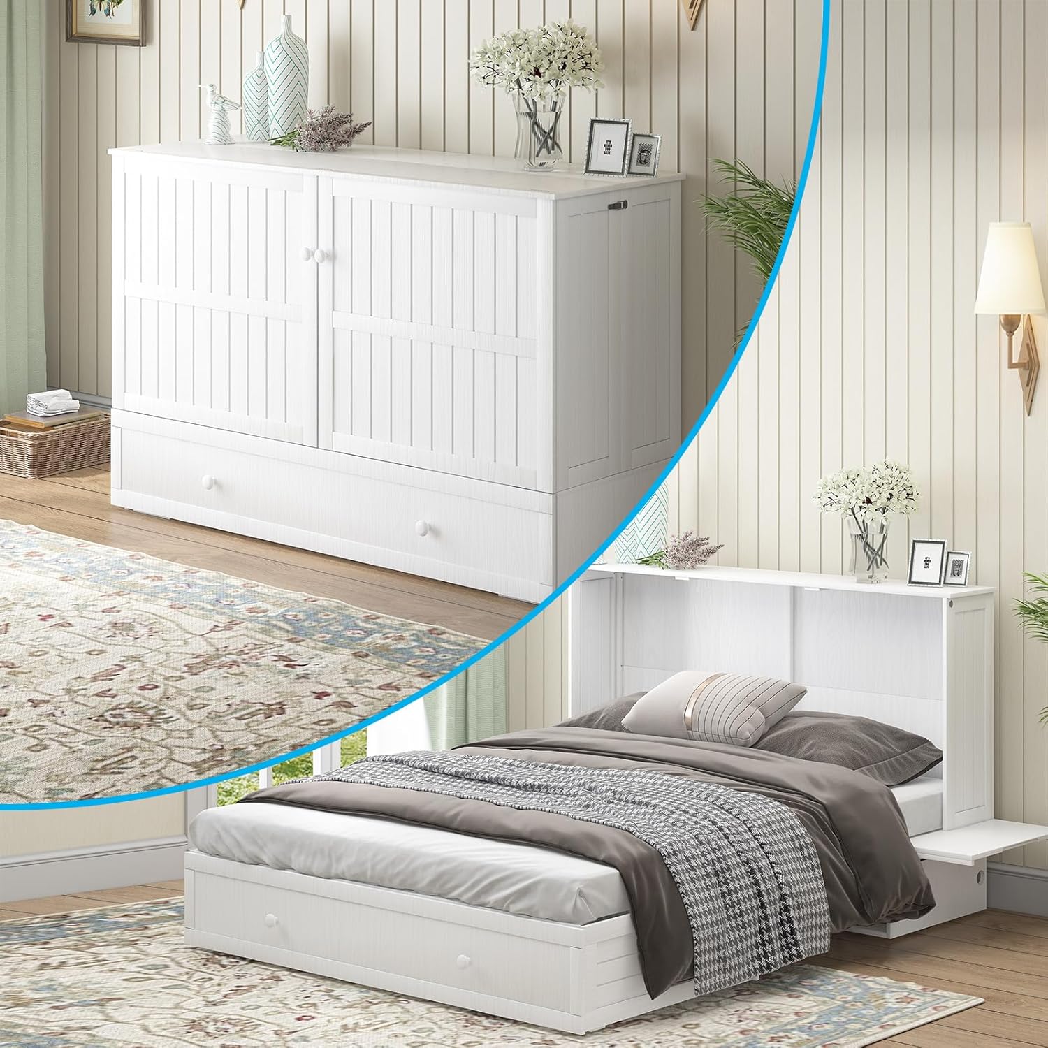 Mjkone Murphy Bed Queen Cabinet, Cube Cabinet Bed with Tri-Folding Mattress, Foldable Panel, Hidden Murphy Chest Beds with 2 Storage Drawers & USB Charging Station for Living Room Office, White