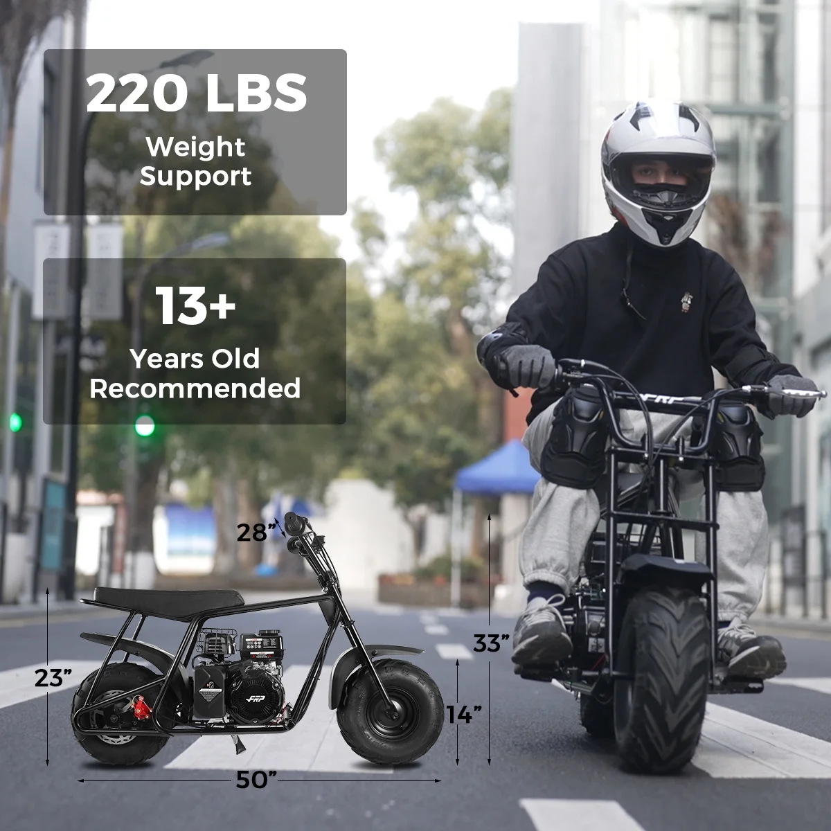 FRP GMB100 Mini Bike, 99CC 4 - Stroke Mini Bikes for Adults, Gas Powered Mini Dirt Bike, Off - Road Motorcycle W/LED Headlight and Neck Gaiter, up to 28 Mph, Weight Support up to 220 lb