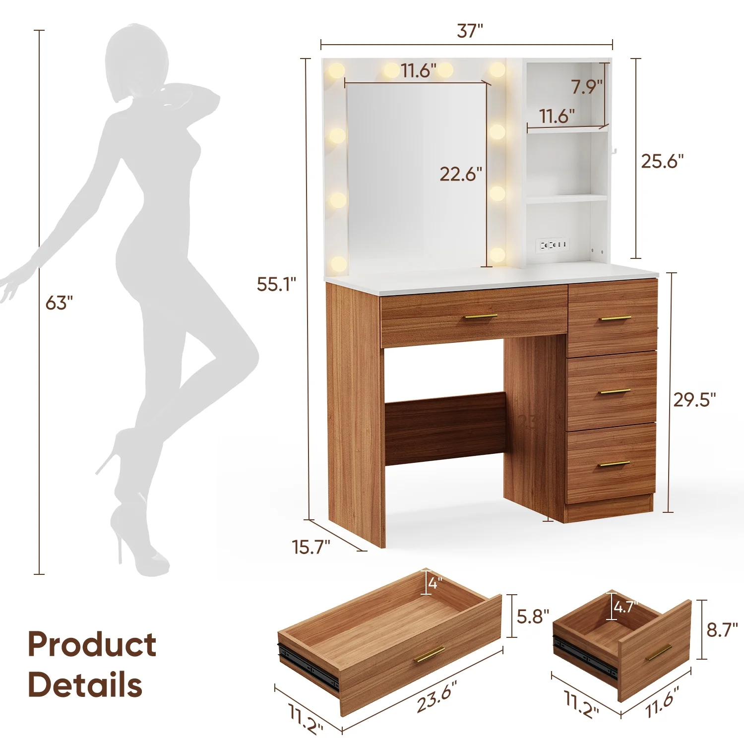 Makeup Vanity Desk with 3 Color Light Mirror, Vanity Table with 4 Drawers, Storage Shelf, Power Outlet, Adjustable Brightness Dressing Table, White(White 2) - Image 9