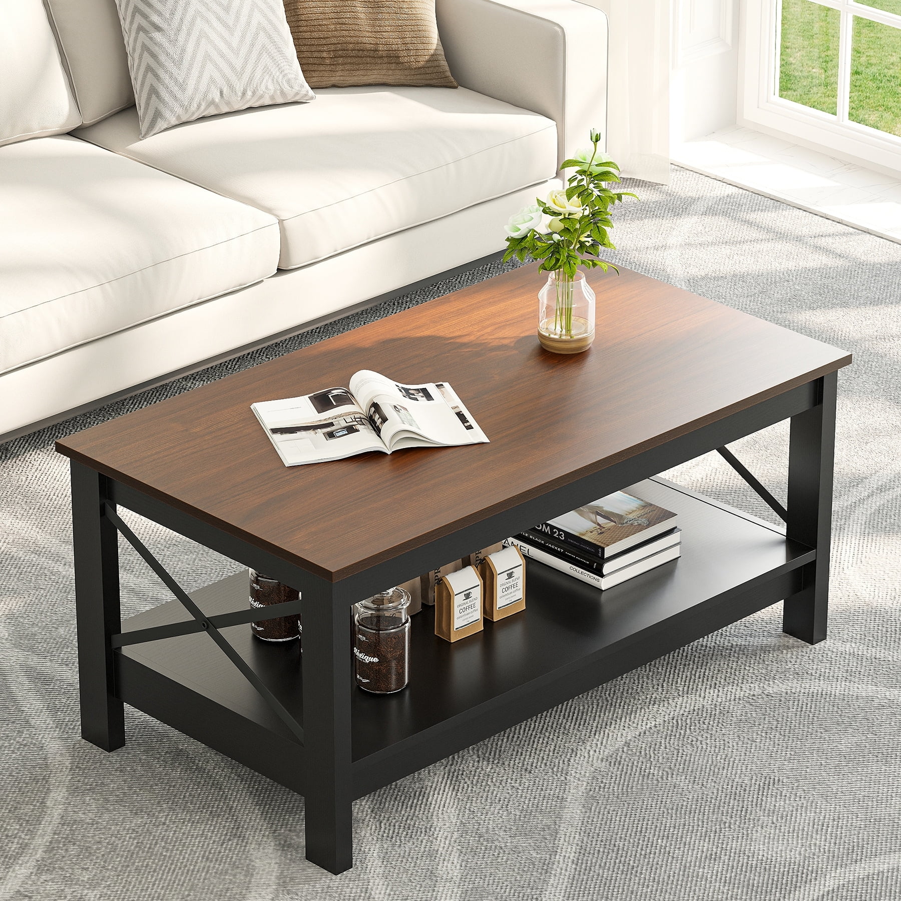 Farmhouse Coffee Table with Storage 2-Tier Center Table for Living Room Grey Wash Top+White(Grey Wash Top+White) - Image 8