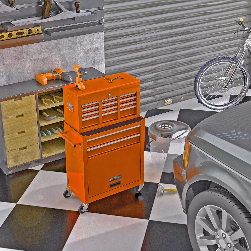 8-Drawer Rolling Tool Chest with Wheels, Removable Tool Box with Locking System, Tool Box Organizer with Hooks, Large Capacity Garage Storage Cabinet for Warehouse, Garage, Repair Shop, Orange