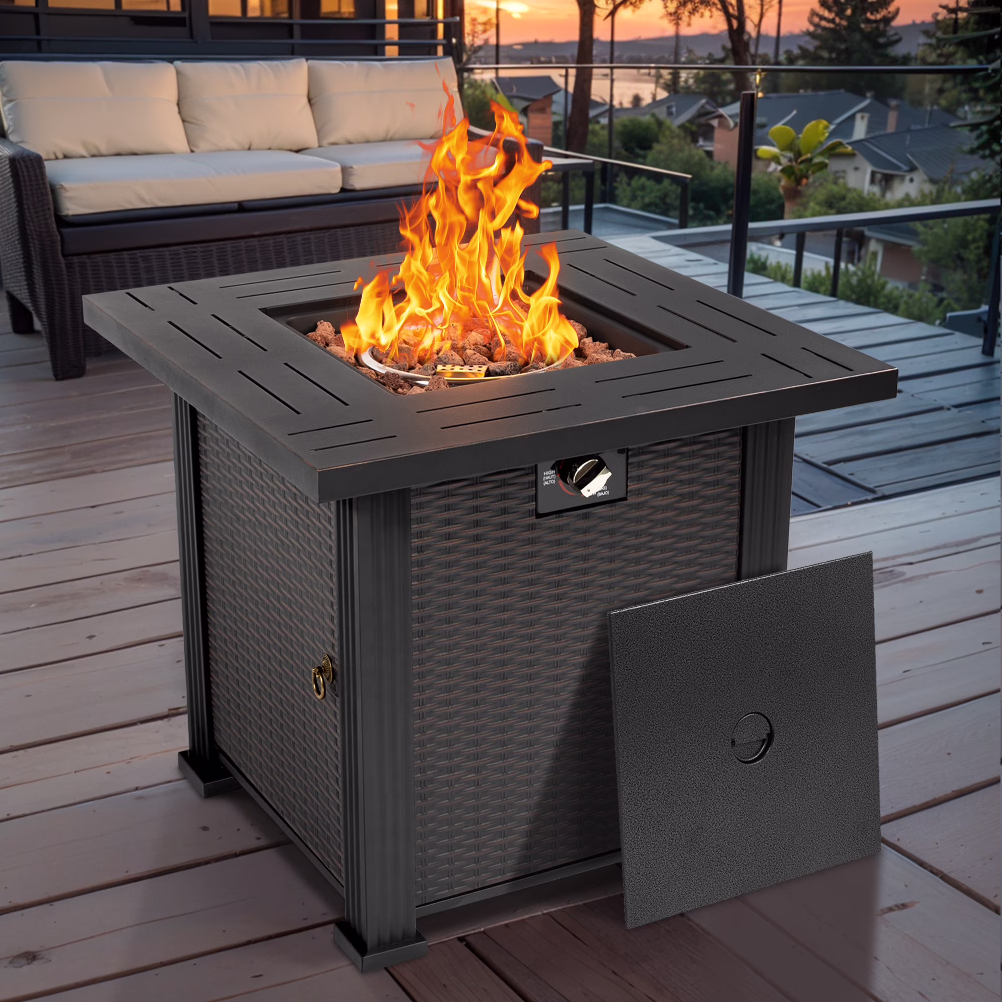 28 Fire Pit Table, Propane Fire Pit with Lid, Lava Rocks, 50000 BTU Outdoor Gas Fire Pit, Metal Square Propane Fire Pit for Outside Garden Backyard Deck Patio, Brown, LLL4008