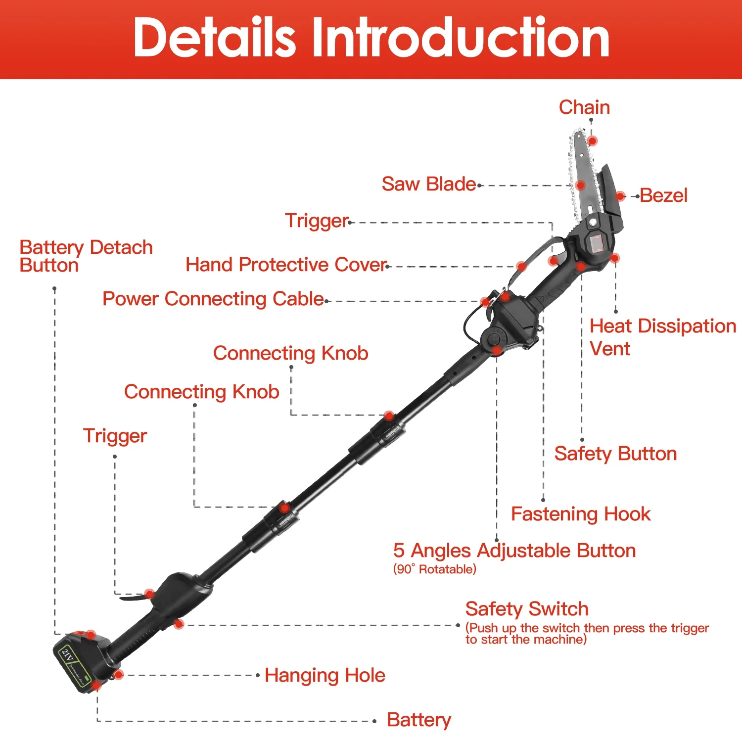 2 in 1 Cordless Pole Saw Electric Mini Chainsaw Length Adjustable Chain Saw with 2Pcs 3000mAh Batteries 4in/6in Chains for Tree Trimming, Black - Image 3