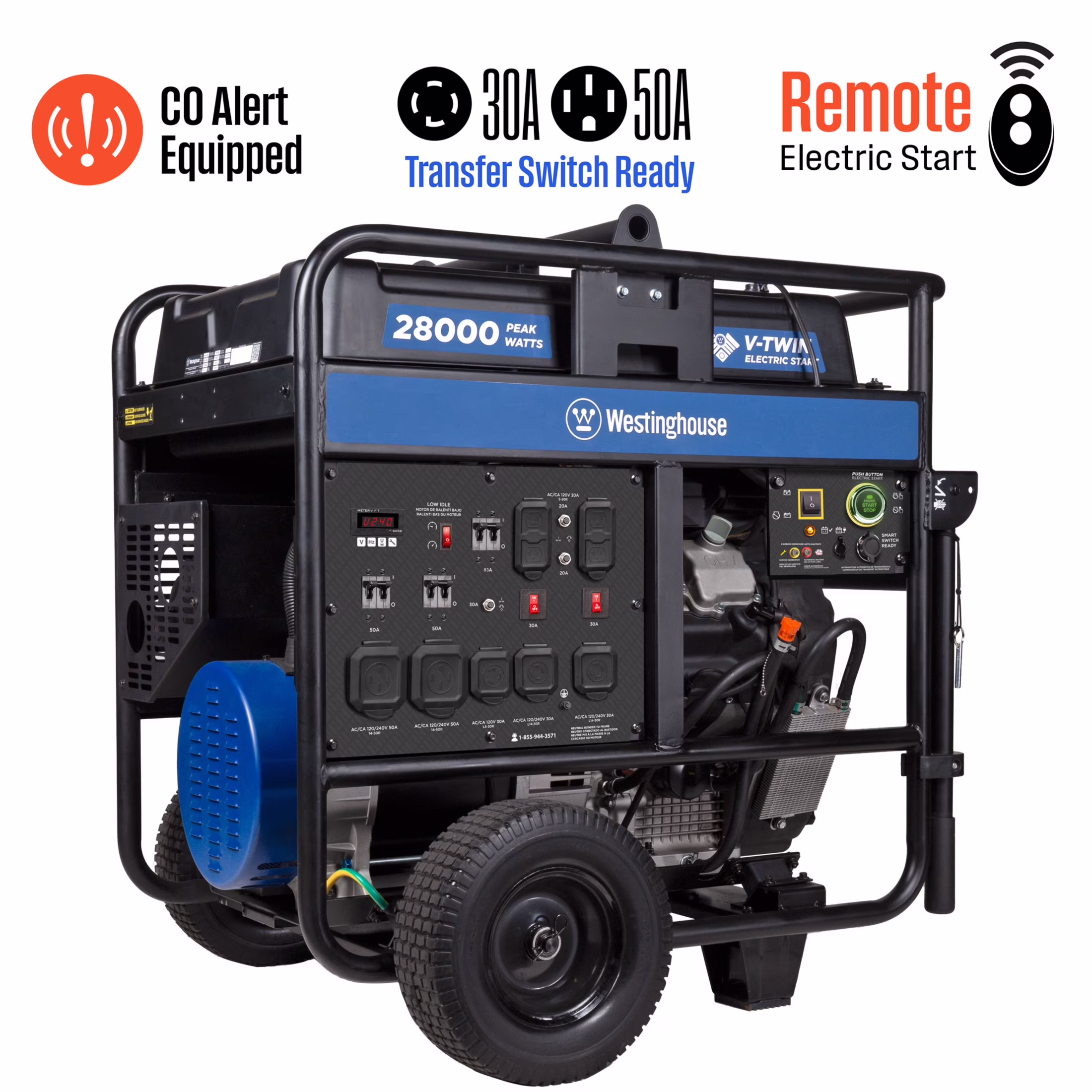 Westinghouse 28, 000 Peak Watt Home Backup Portable Generator, Remote Electric Start with CO Sensor