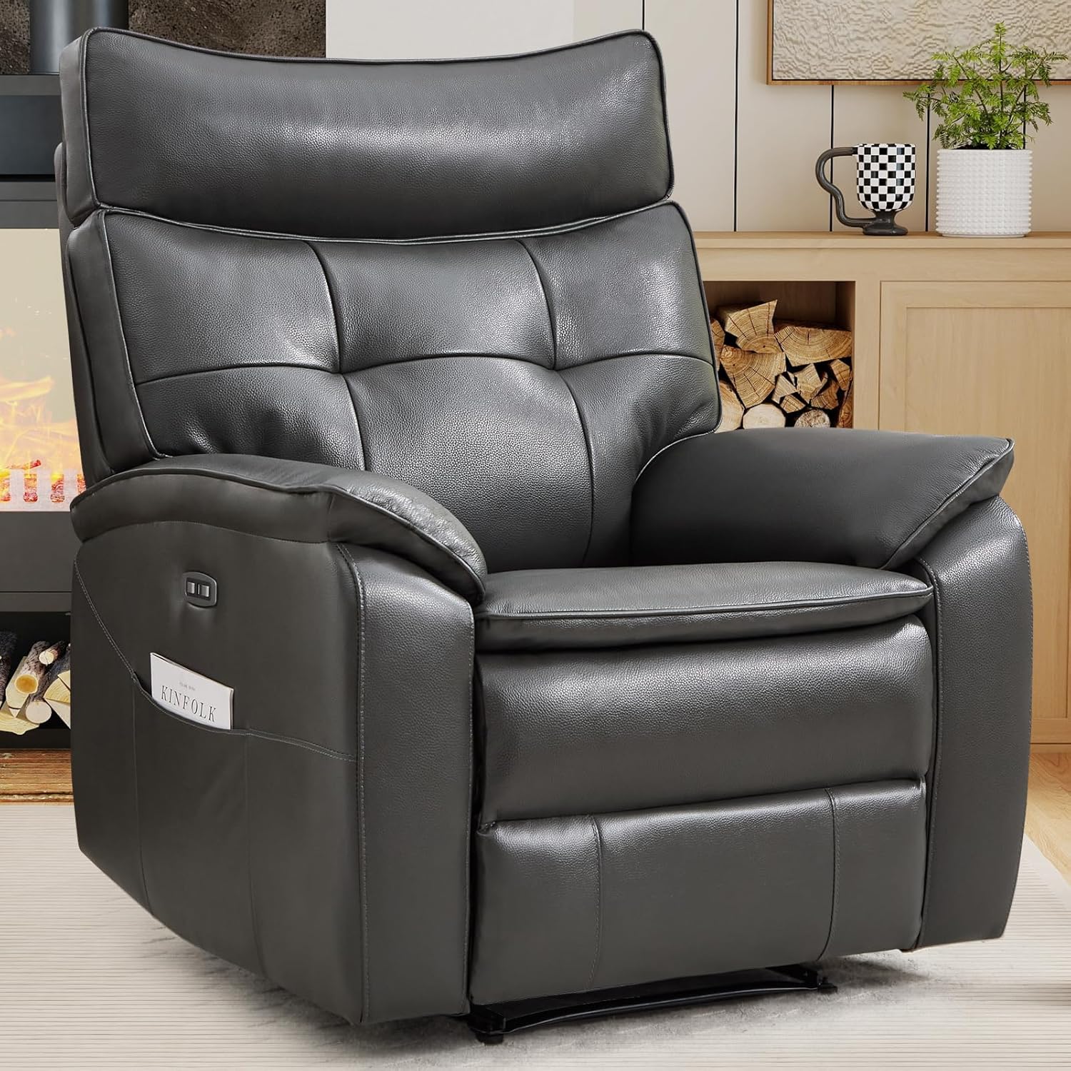 CANMOV Genuine Leather Recliner Chair,Power Recliner Chair for Adults,Electric Single Reclining Sofa with Overstuffed Armrest and Backrest for Living Room,Dark Grey