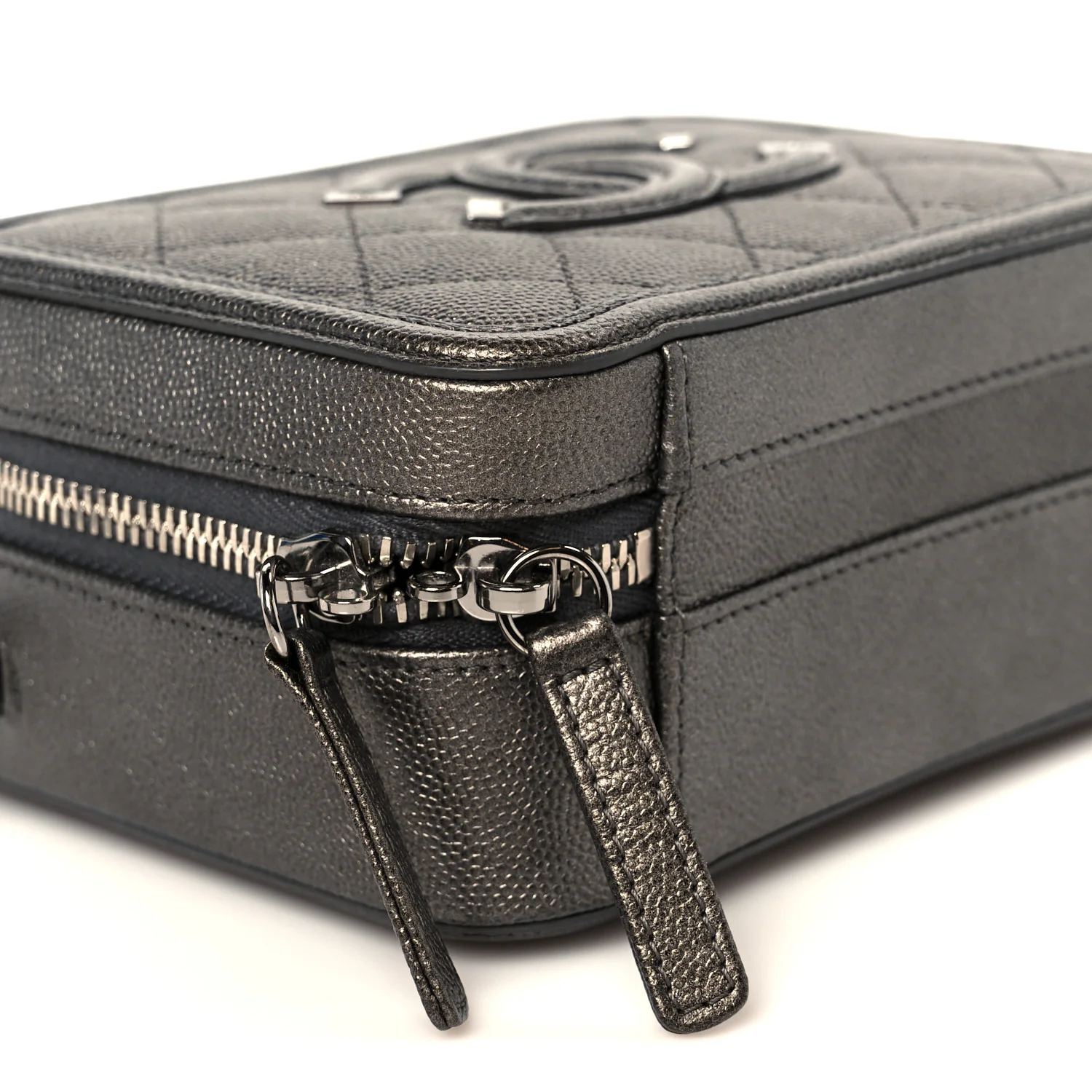 Metallic Caviar Quilted Small CC Filigree Vanity Case Dark Silver