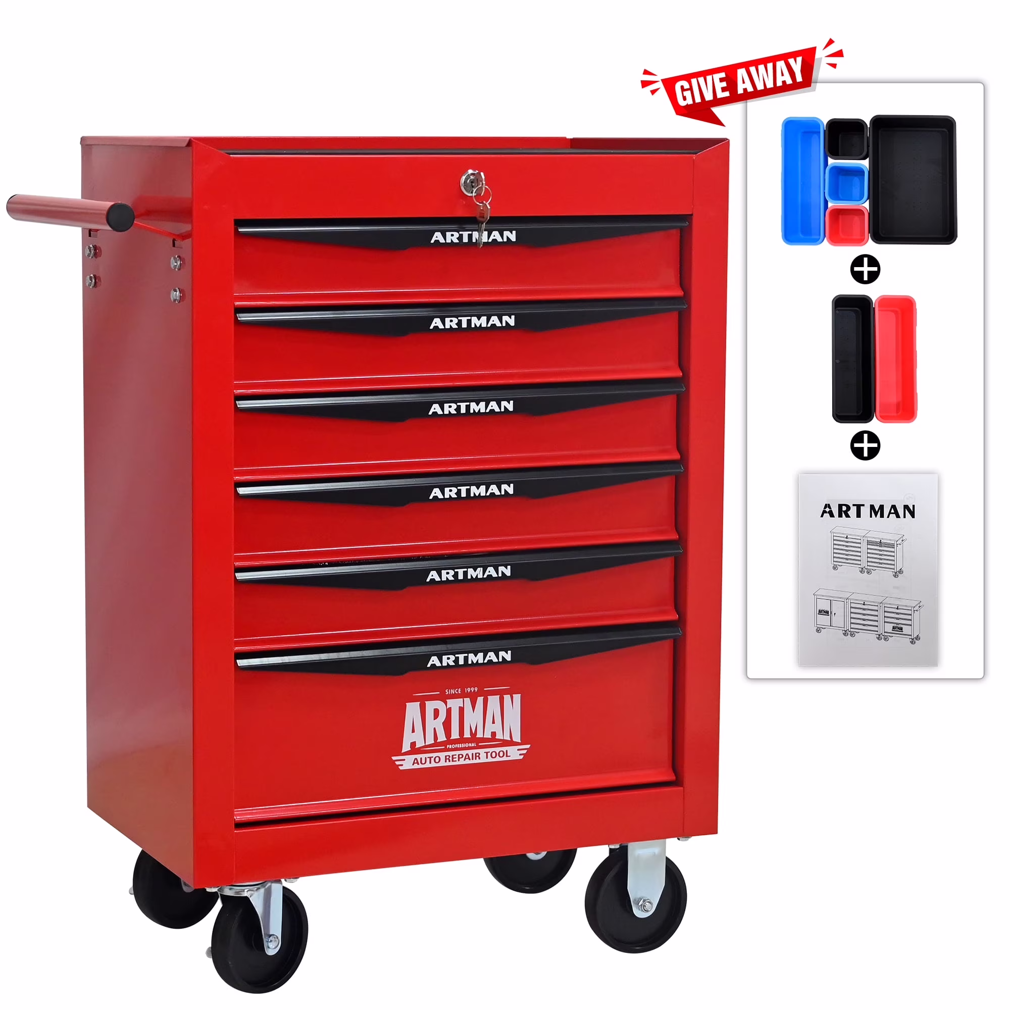 NIGSQJB 30.5H Rolling Tool Chest Cart with 6 Drawers, 7 Small Tool Boxes Organizers, Lockable Tool Cabinet Storage with Wheels for Garage, Warehouse,Workshop, Repair Shop, DIY, Red