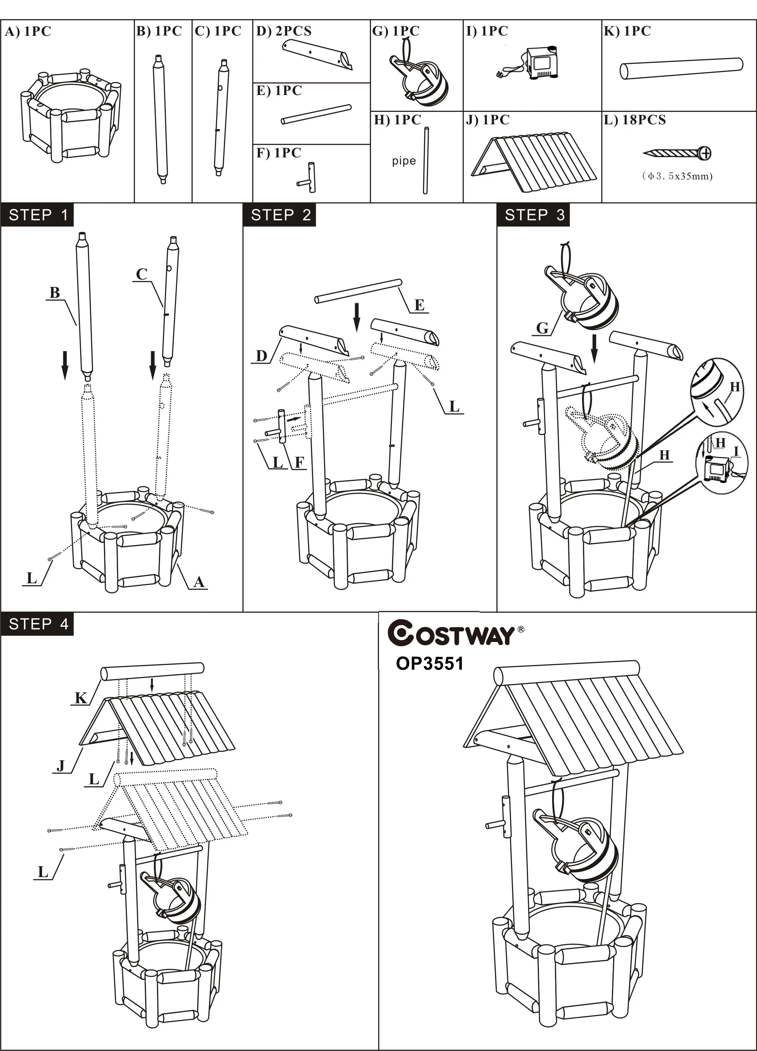 Costway Garden Rustic Wishing Well Water Fountain Wooden Outdoor Electric Backyard Pump