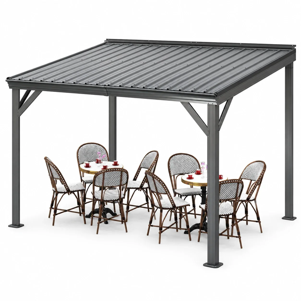 Domi 8x10FT Lean-To Gazebo, Wall-Mounted Hardtop with Galvanized Steel Roof, Aluminum Frame & Drainage System for Deck/Porch/Backyard