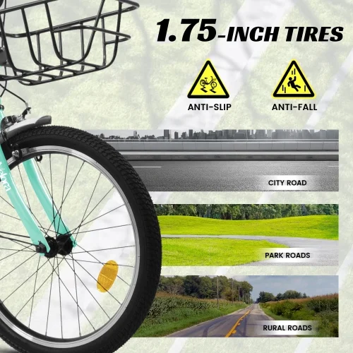 20 Inch Mountain Bicycle with Coaster Brake & V-Brake, 1-Speed, Chain Guard & Rear Rack, Lightweight Steel Frame (Pink, Green, Purple, White)