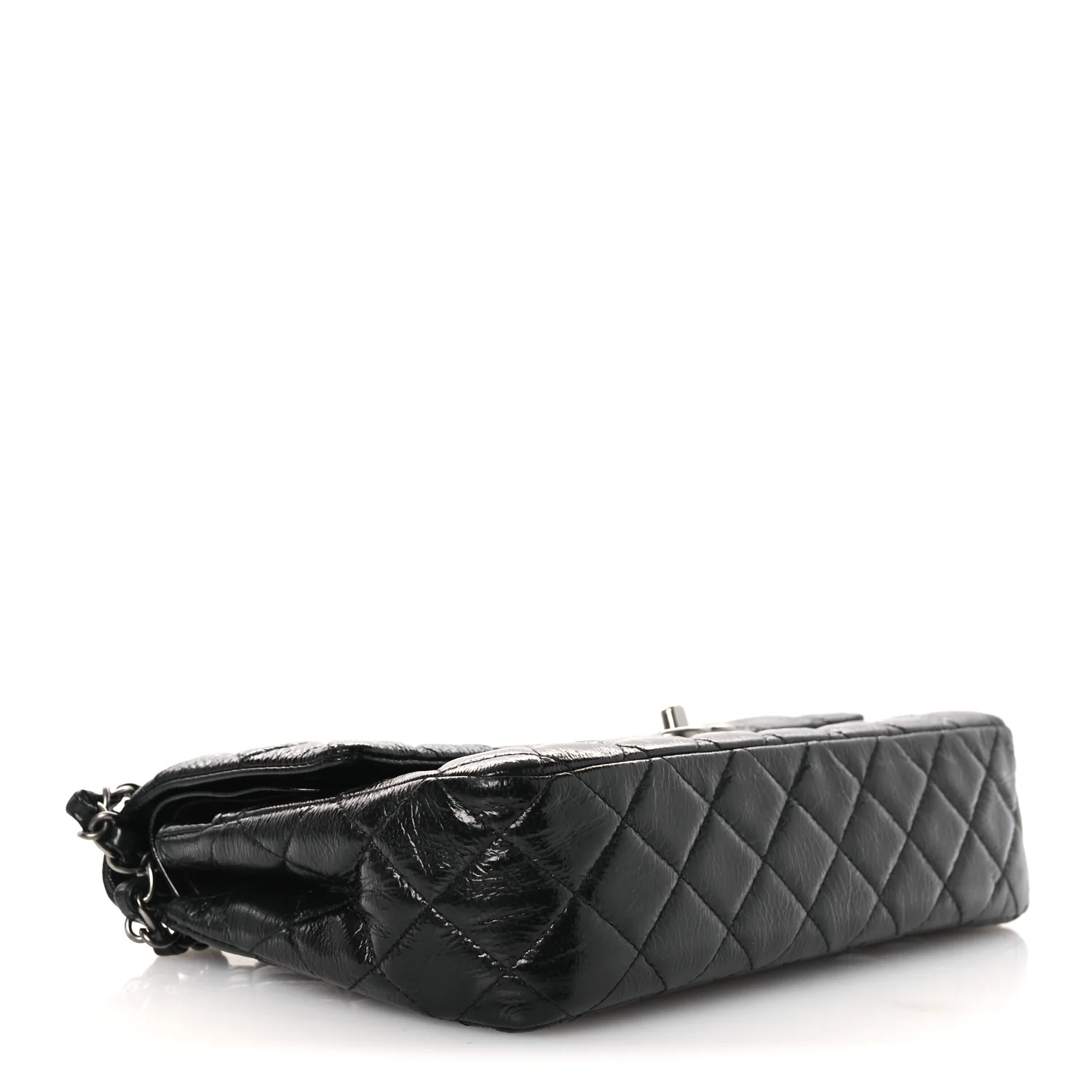 Distressed Patent Quilted Medium Double Flap Black