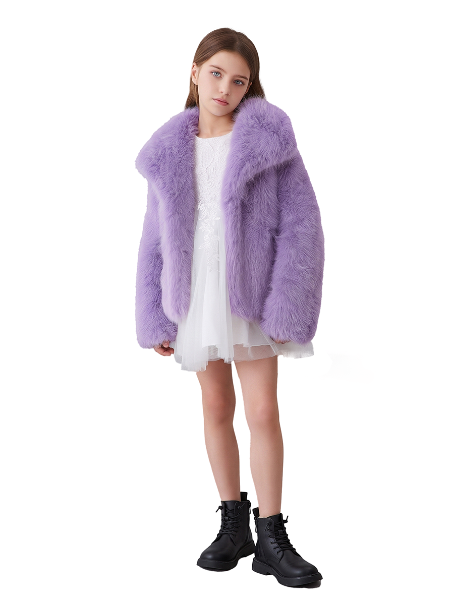 Stanetco Girls' Purple Faux Fur Coat - Kids Warm Fluffy Winter Jacket, Cute Lavender Shaggy Outerwear with Classic Lapel