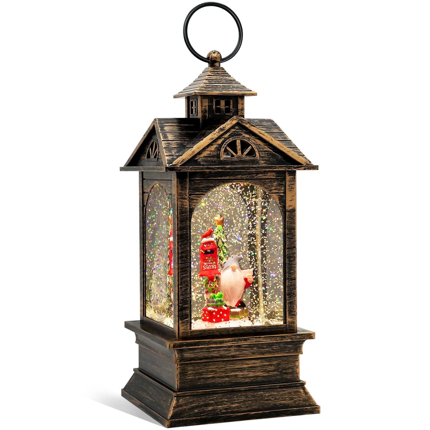 RUNSOAR Christmas Snow Globe Lantern with Swirling LED Glitter Water, Retro Swedish Tomte Gnomes Santa Elf Xmas Hanging Lighted Lantern