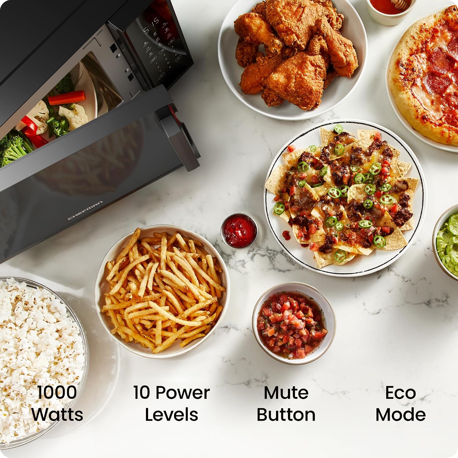 Chefman Countertop Microwave Oven 1.1 Cu 1000 Watts with 10 Power Levels, 6 Cooking Presets with One-Touch Express Cook, Eco Mode, Child Safety Lock, & Mute Button - Black