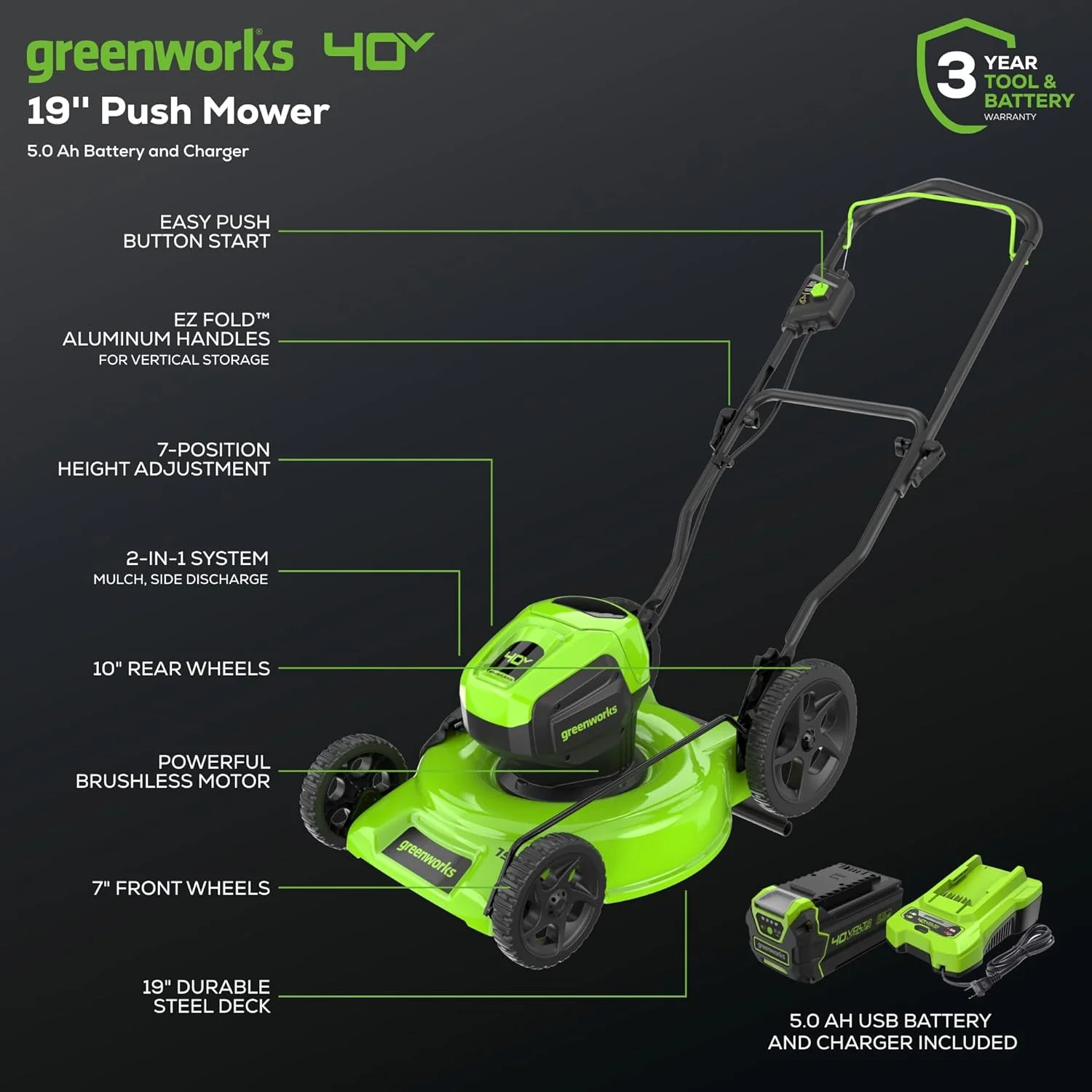40V 19�� BL Lawn Mower, 5.0Ah USB Battery and Charger Included - Image 2