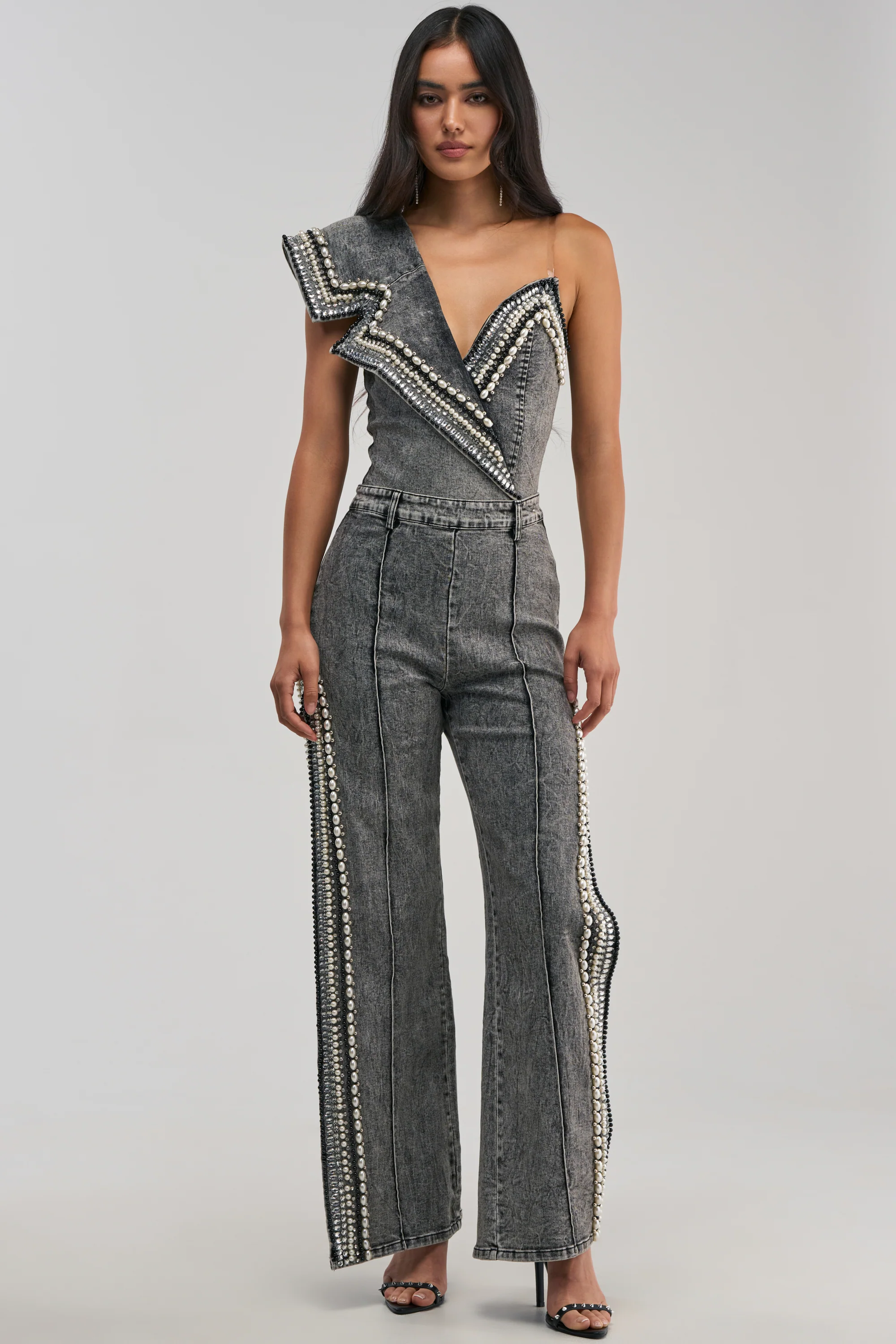 LUXURIOUS DENIM PANTS WITH SIDE SLITS IN GREY - Akira Store