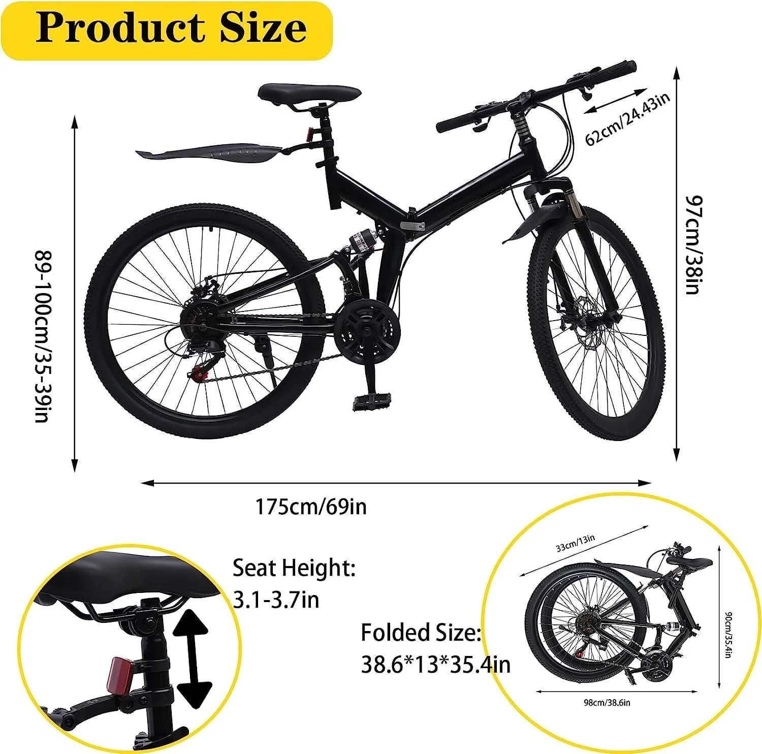 Aiqidi 26 Folding Mountain Bike, 21 Speed Dual Disc Brakes Unisex Adult Adjustable Mountain Bicycle for Riding Traveling, Black