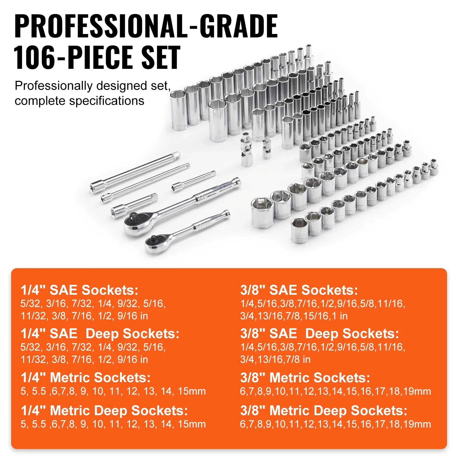 SKYSHALO Socket Set, 1/4 and 3/8 Drive Socket and Ratchet Set, 6-Point Socket Opening, 106 Pcs Tool Set SAE and Metric, Deep and Standard Sockets, 5/32-1 in, 5-19 mm for Auto Repairing & Household