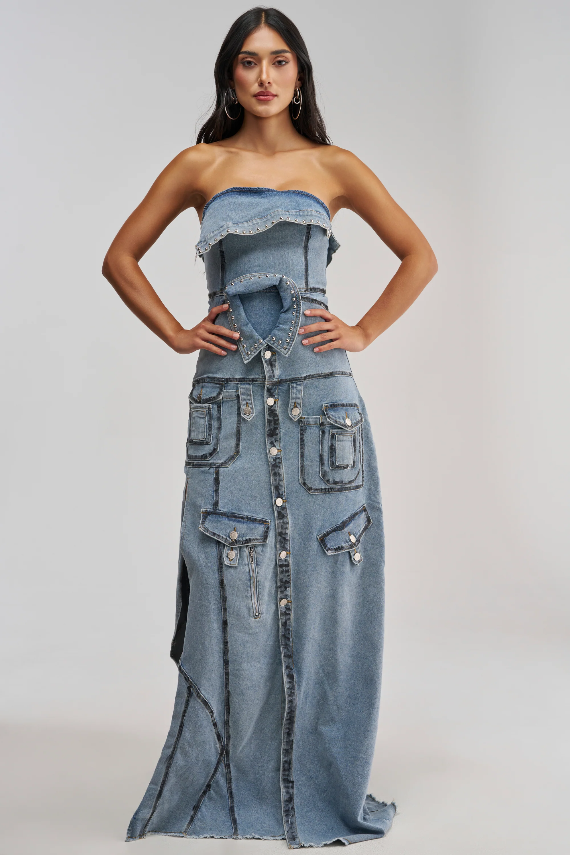 TORRI DENIM STUDDED MAXI DRESS IN MEDIUM BLUE DENIM - Akira Store