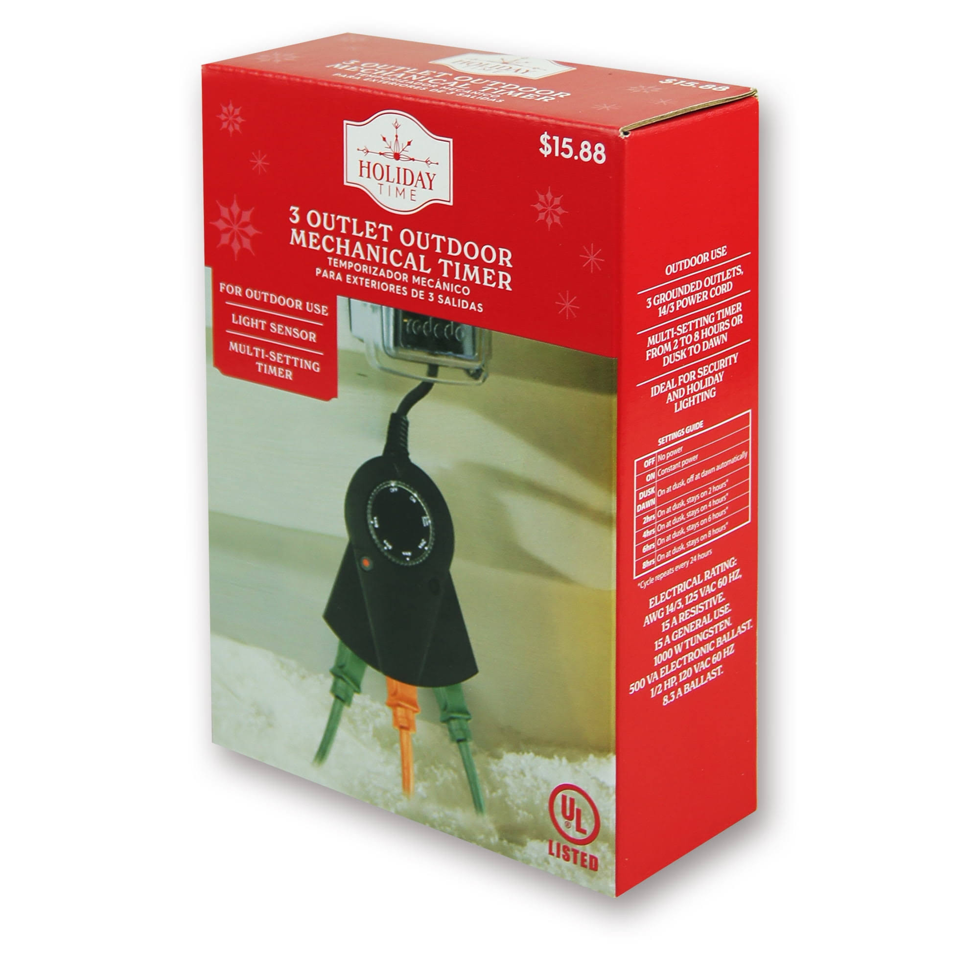 Holiday Time Christmas Lights 3-Outlet Outdoor Mechanical Timer, Black