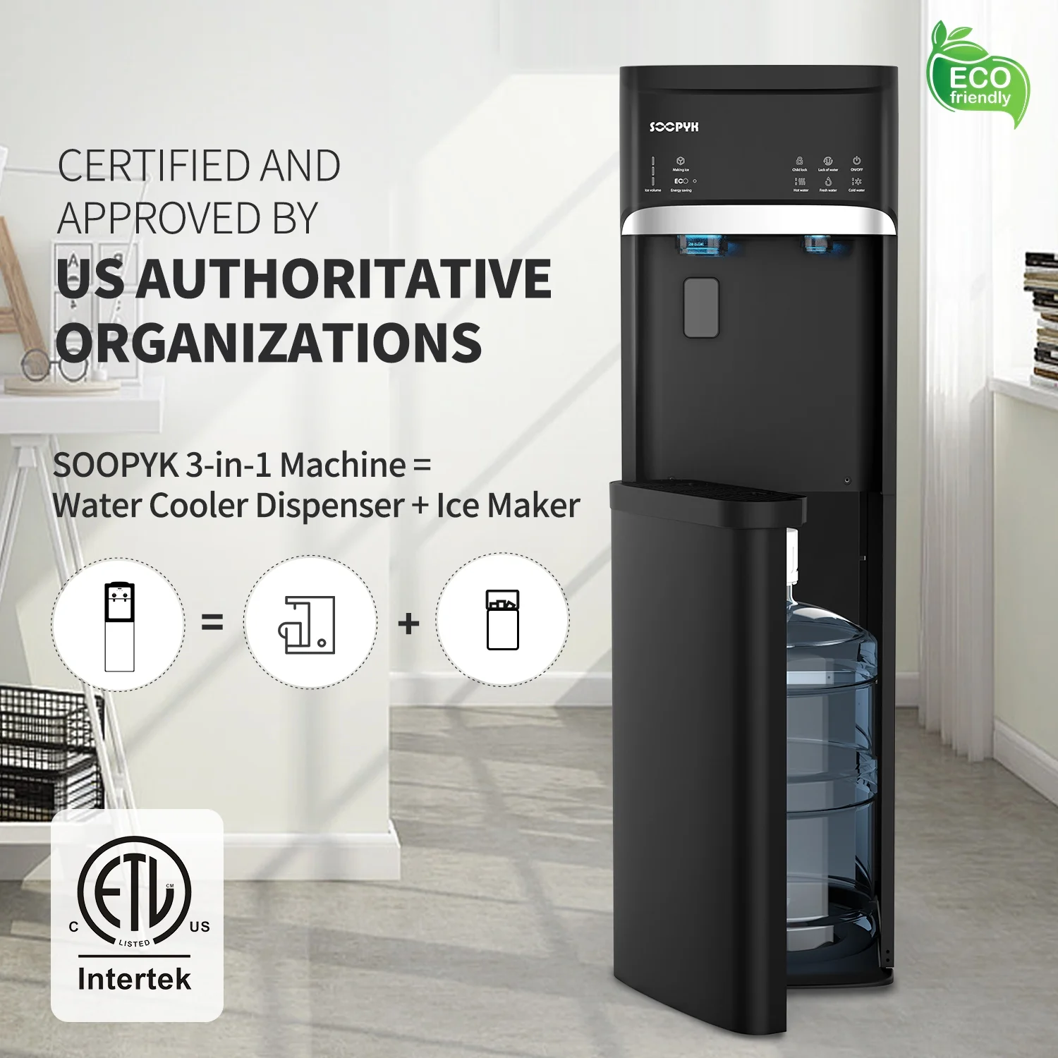 3 in 1 Hot and Cold Water Dispenser with Ice Maker Bottom Load for 3 or 5 Gallon Bottle 22lbs Daily Capacity Bullet-Shaped Ice, Black(Black) - Image 2