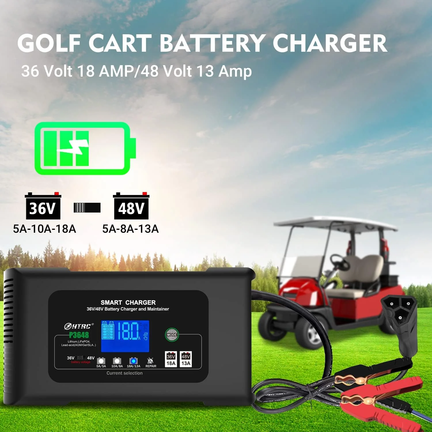 Golf cart Battery Charger, 48V 13A and 36V 18A Trickle Battery Charger,48 Volt cart Golf Charger,for 48 Volt Club Golf Car,Lithium,LiFePO4,Lead-Acid AGM/Gel/SLA..Battery Charger,3 Pin Round Plug(3 Pin Round Plug) - Image 9