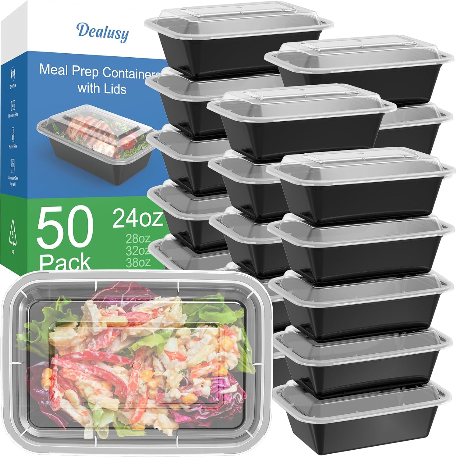 Dealusy 50 Pack (100-Piece) 24 oz Reusable Meal Prep Containers with Lids