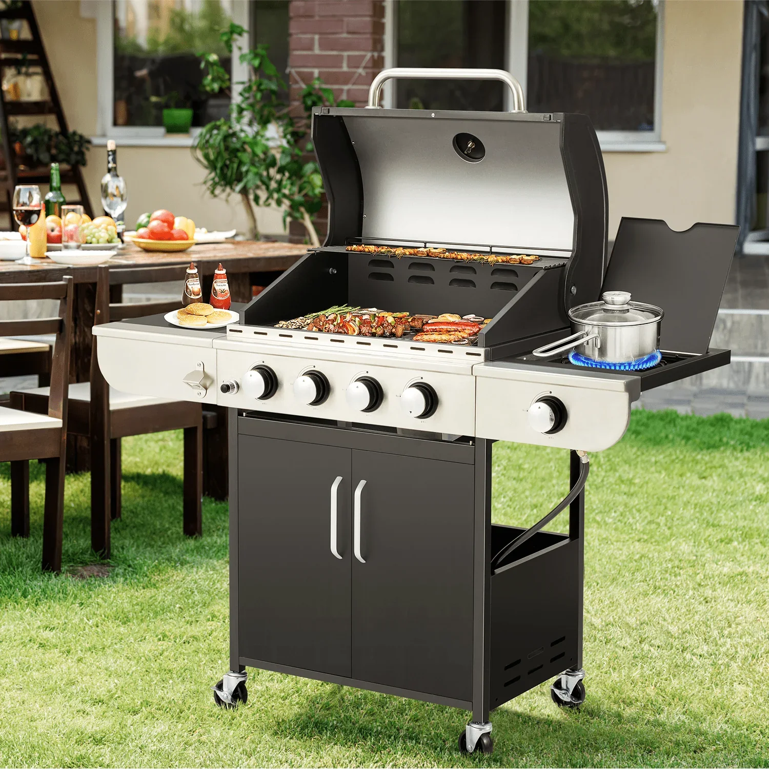 4 Burner Gas Grill,36000 BTU BBQ Propane Stainless Steel with Side Table for Patio Garden