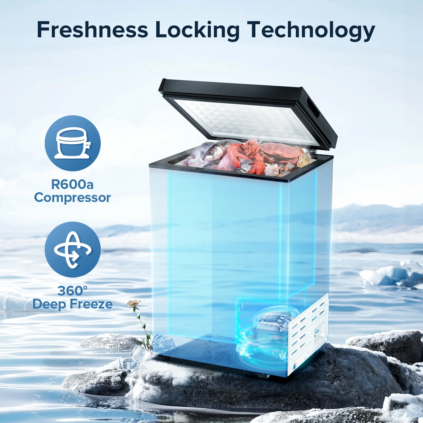 Mini Freezer Chest 3.5 cu ft, Black Deep Freezer Side Handle, Compact Freezer with 7 Gear Adjustable Temperature, Removable Storage Basket*2, Energy Saving(Black) - Image 6