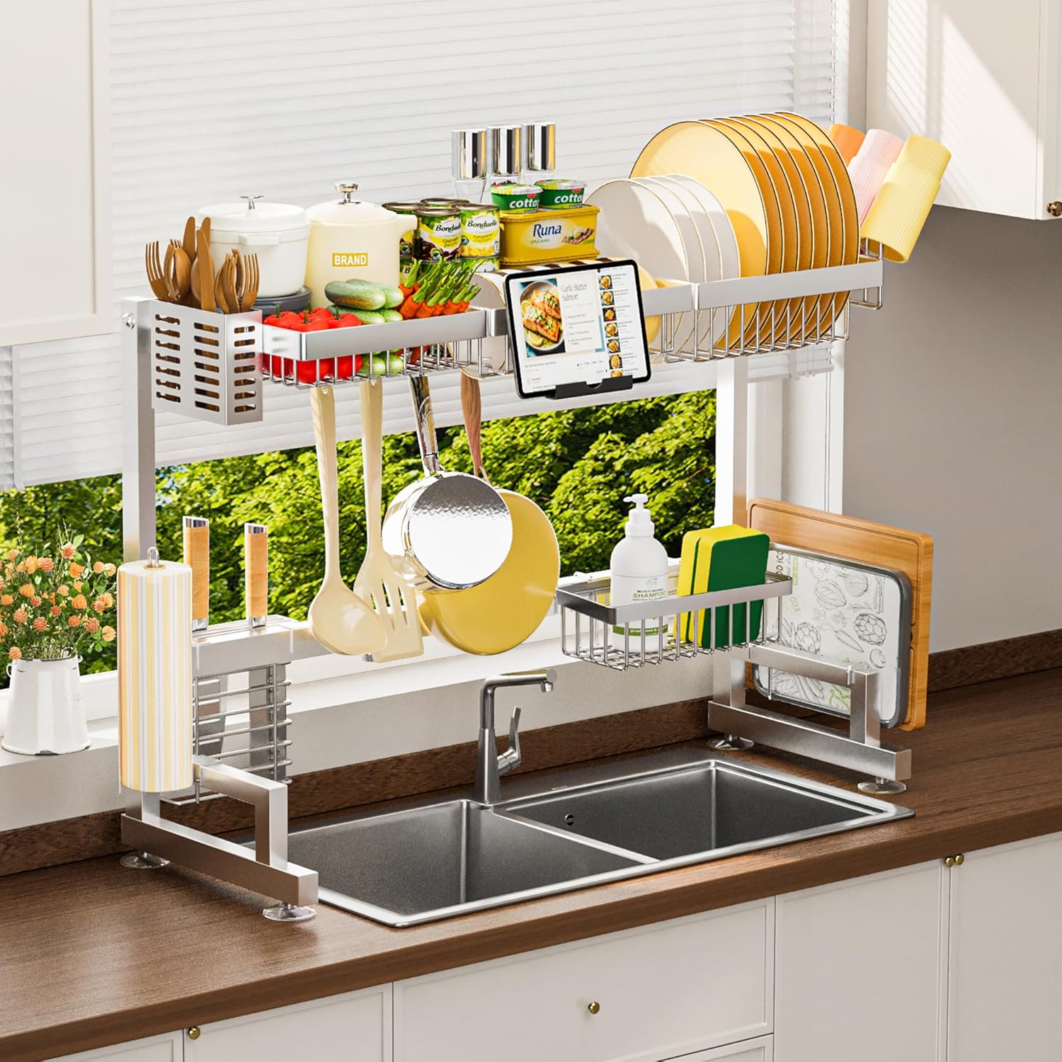 ADBIU Over The Sink Dish Drying Rack (Expandable Height and Length) Snap-On Design 2 Tier Large Dish Rack