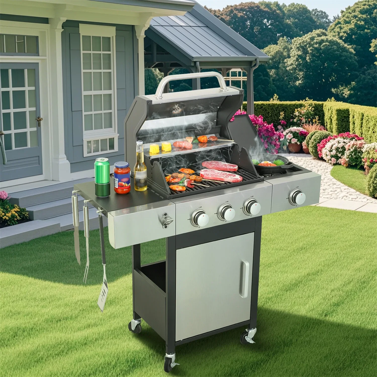 HighSound 3 Burner BBQ Propane Gas Grill, Stainless Steel 25650 BTU Patio Garden Barbecue Grill with Wire Enamel Cooking Grids & Foldable Shelves, Black