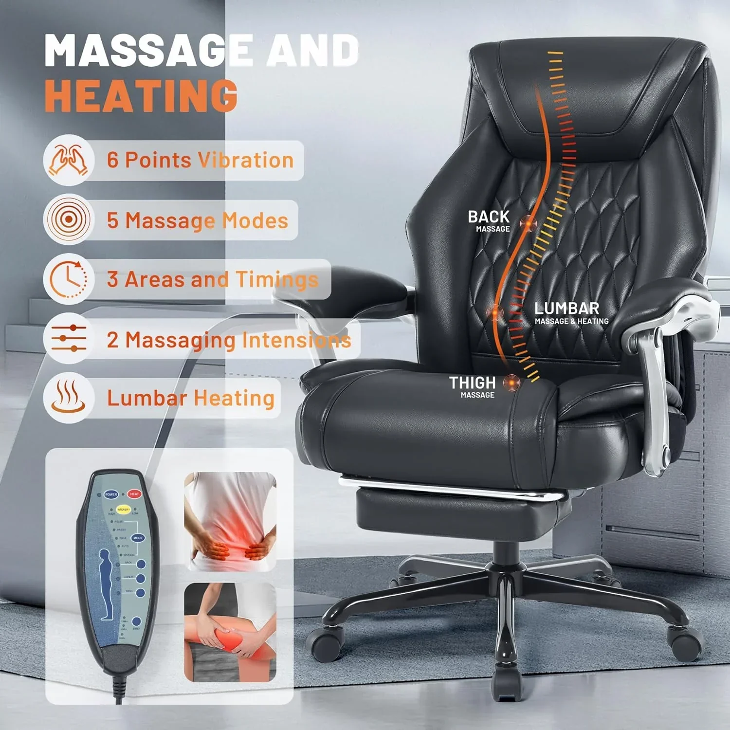 Fauteuil de bureau massant avec chauffage et repose-pieds, fauteuil de bureau ergonomique inclinable de direction