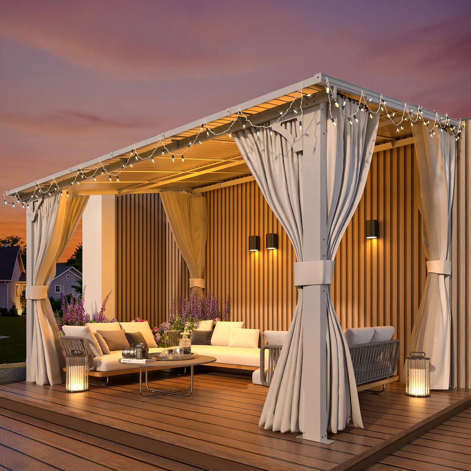 AECOJOY 12'x8' Wall Gazebo with Curtains and Mosquito Netting, White