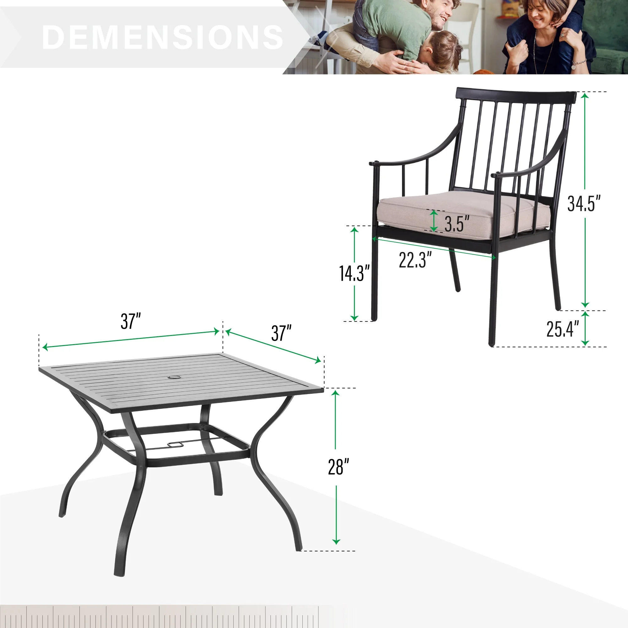 5-Piece Outdoor Patio Dining Set Metal Padded Chairs and Table Set(4 Seat-37" Square Table) - Image 9