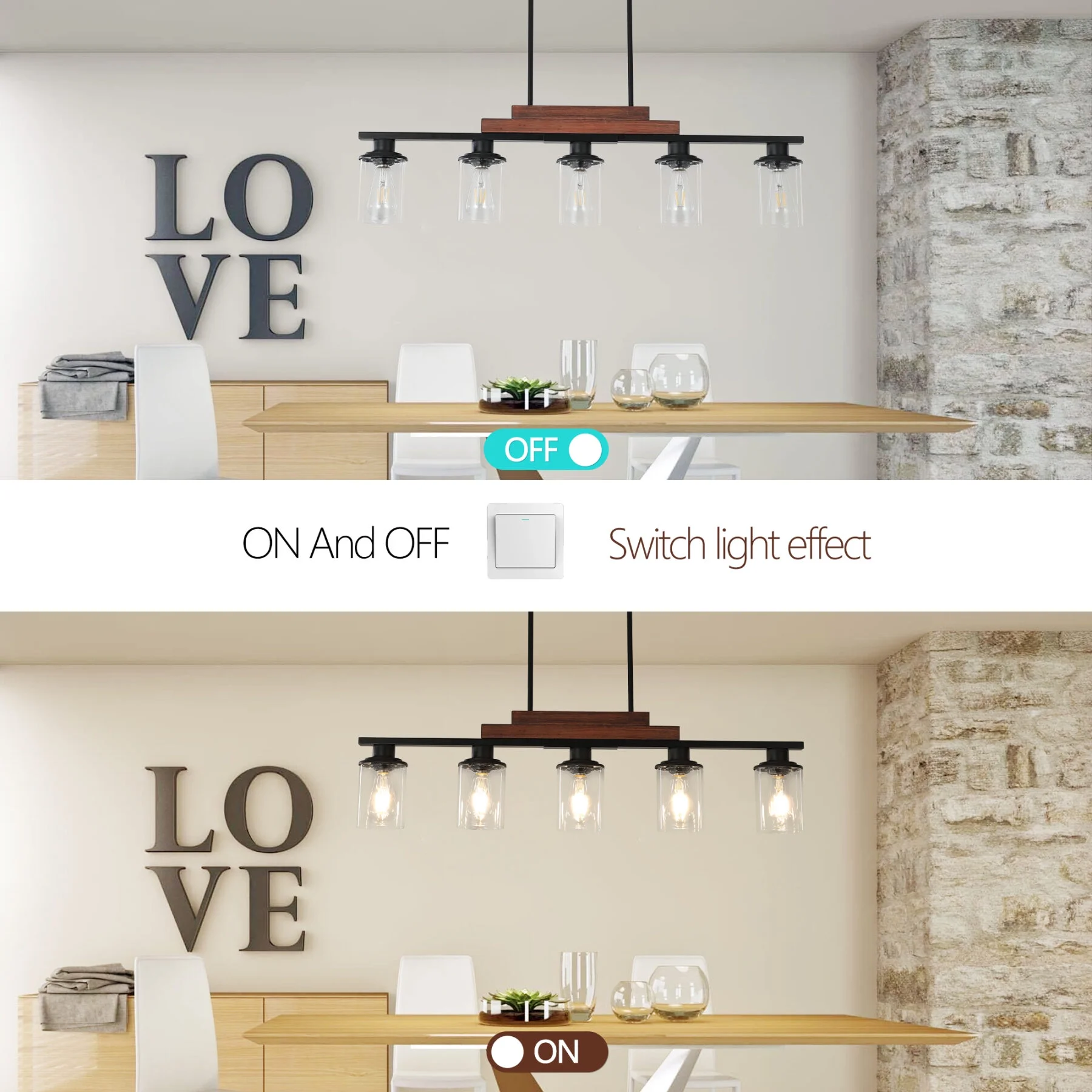 5-Light Kitchen Island Pendant Light, Farmhouse Industrial Chandeliers with Two Metal Rod Supports, Rectangular Island Lights for Kitchen, Living Room, Walnut/Black