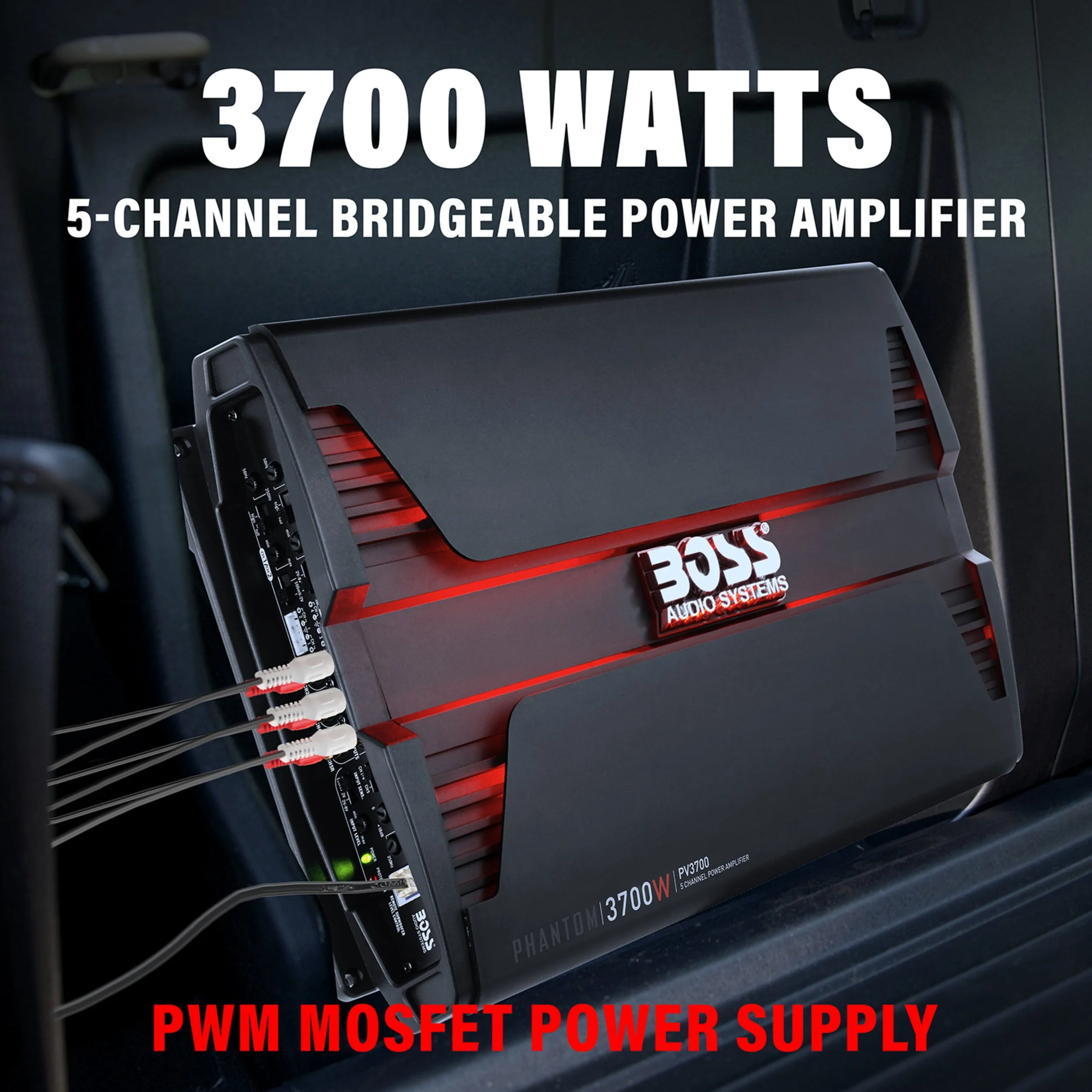 BOSS Audio Systems PV3700 5 Phantom Series Car Audio Amplifier - 3700 High Output, 5 Channel, 2/4 Ohm Stable, Low/High Level Inputs, High/Low Pass Crossover, Full Range, Bridgeable, Subwoofer